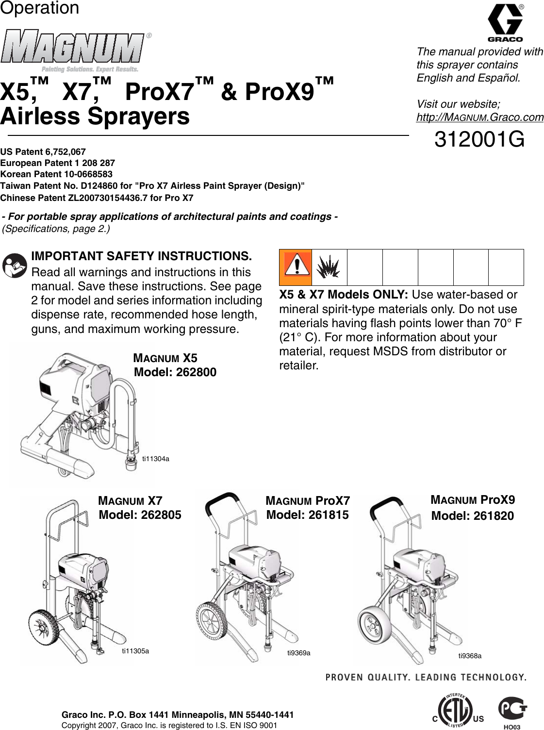 Graco Inc Magnum Airless Sprayers X5 Users Manual 312001G X5, X7, ProX7