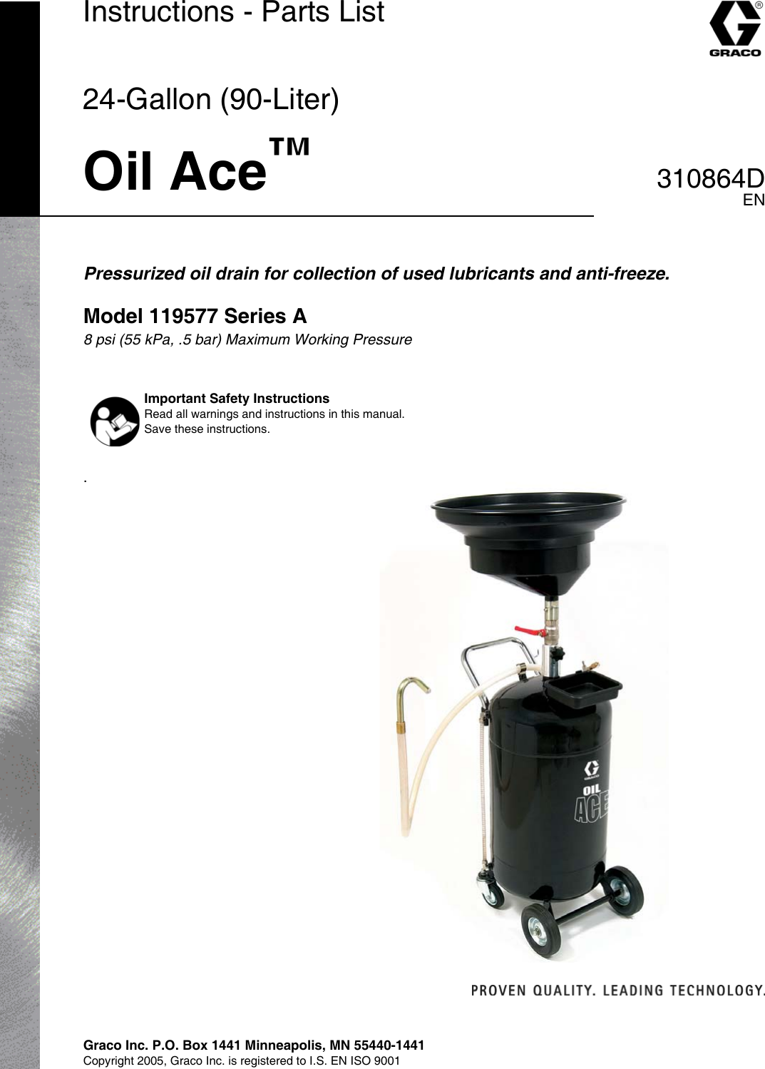 Page 1 of 8 - Graco 119577 310864D - 24-Gallon (90-Liter) Oil Ace, Instructions-Parts, English User Manual  To The E7066a8f-c3f3-4e29-902d-515cd6210a50