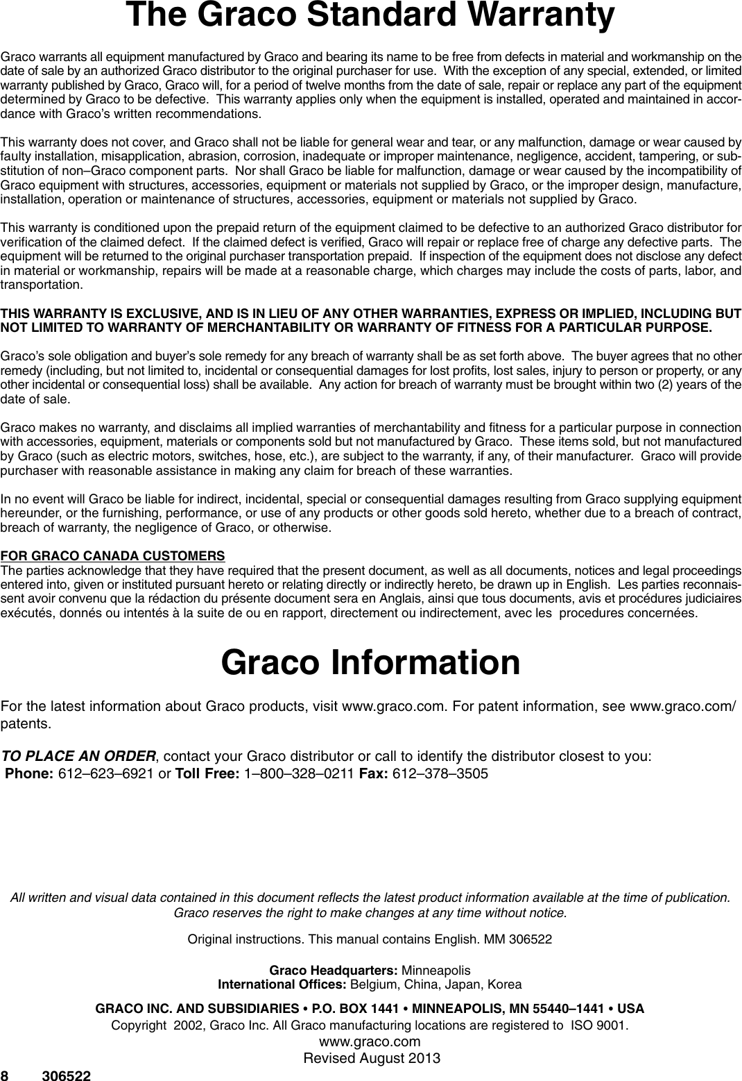 Page 8 of 8 - Graco 204121 306522F, Instructions-Parts Manual For Air Operated Pump Elevator, English User To The 513a95c5-eb63-4ca7-87dd-a7654ef5692b