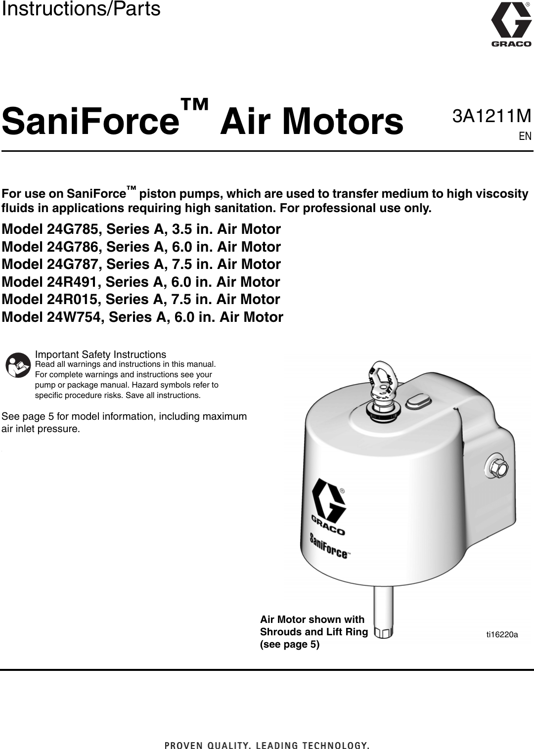Graco 24R491 3A1211M SaniForce Air Motors, Instructions/Parts, English