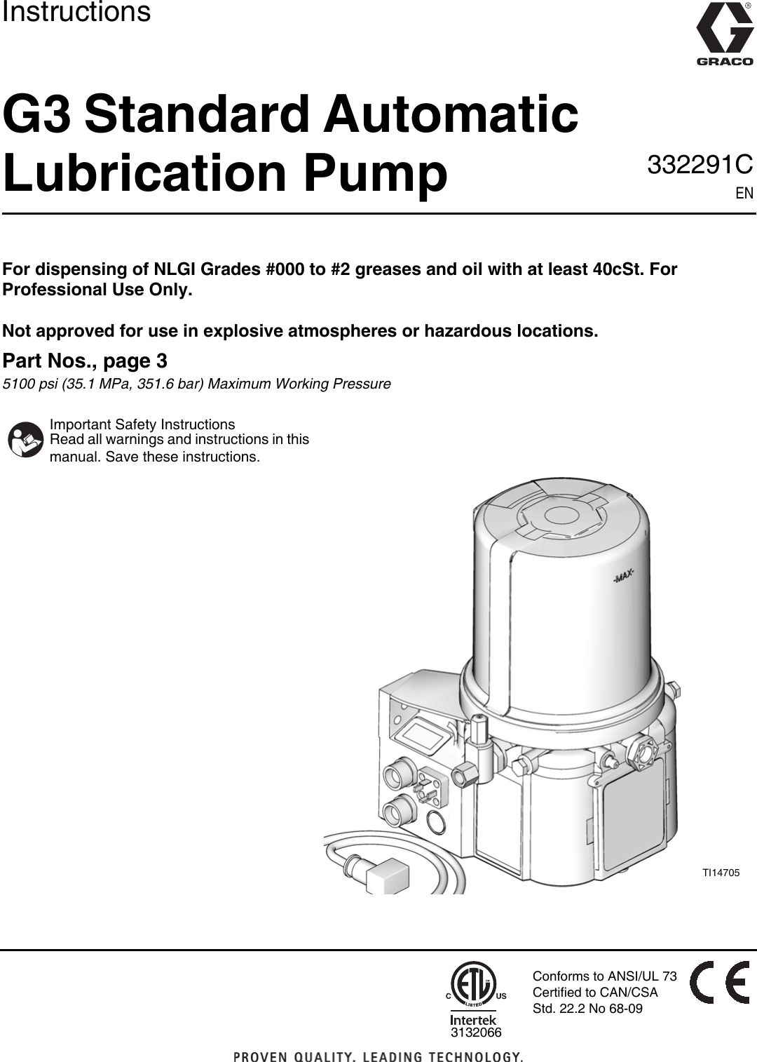 Graco 332291C G3 Standard Automatic Lubrication Pump, Instructions
