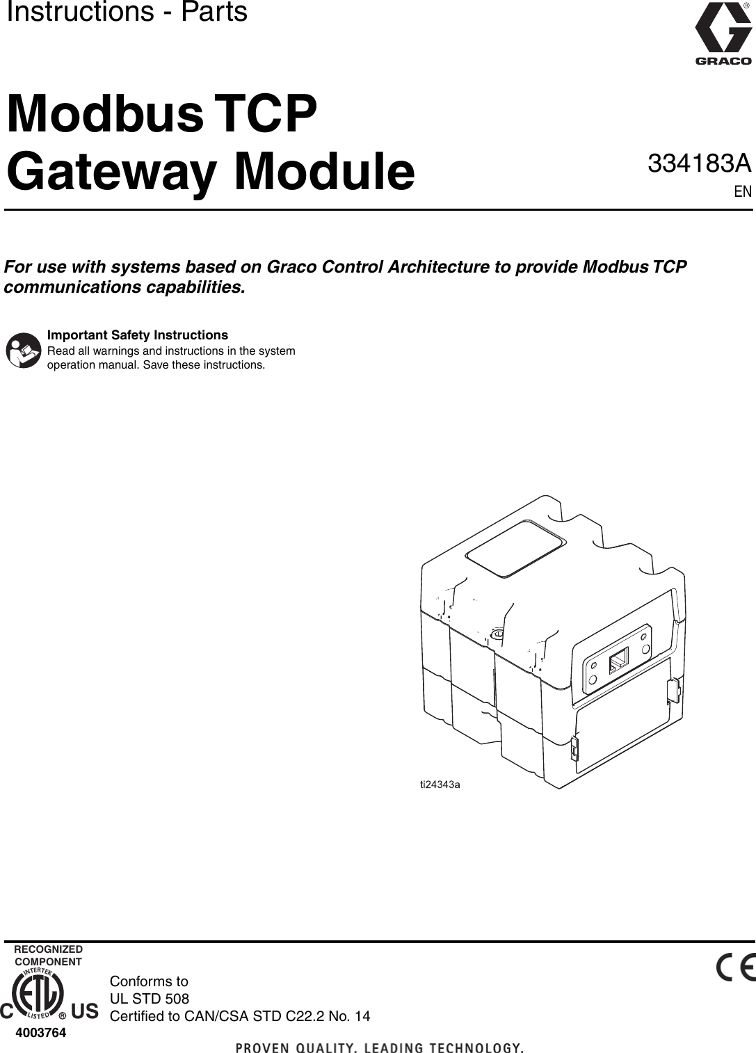 Page 1 of 10 - Graco 334183A 334183A, Modbus TCP Gateway Module, Instructions/Parts, English User Manual  To The 5ecdc2ce-1866-45c1-bba7-5915fa28ae54