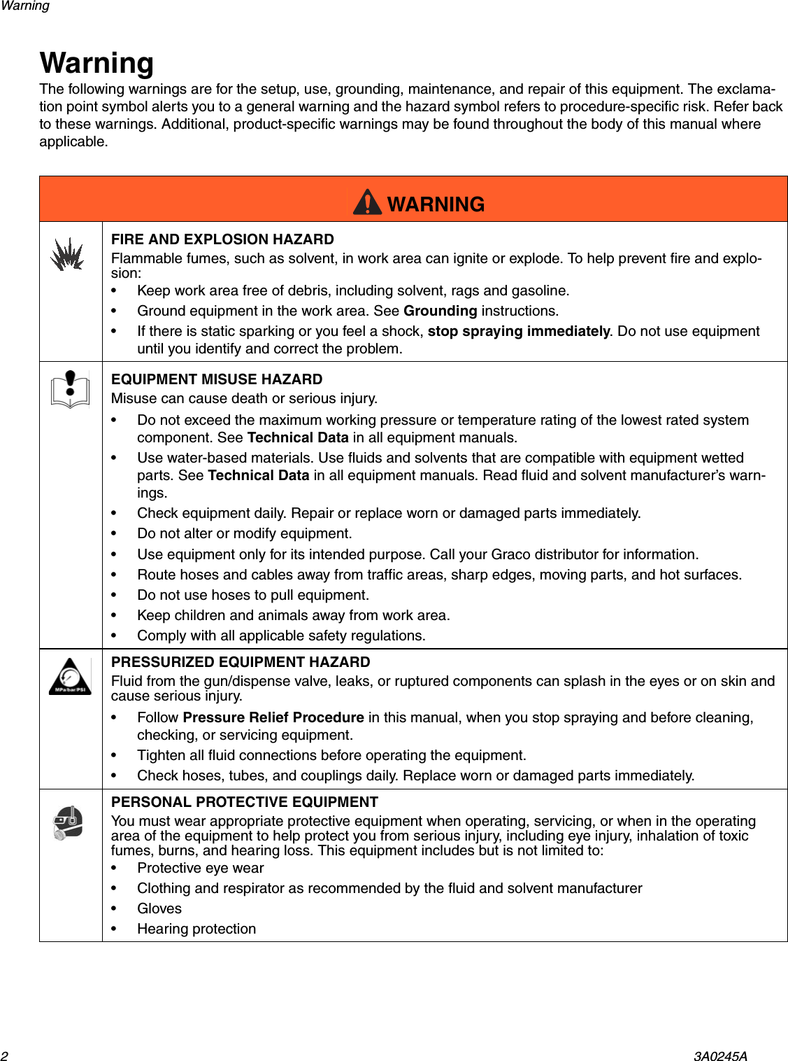 Warning 23A0245AWarningThe following warnings are for the setup, use, grounding, maintenance, and repair of this equipment. The exclama-tion point symbol alerts you to a general warning and the hazard symbol refers to procedure-specific risk. Refer back to these warnings. Additional, product-specific warnings may be found throughout the body of this manual where applicable.WARNINGFIRE AND EXPLOSION HAZARDFlammable fumes, such as solvent, in work area can ignite or explode. To help prevent fire and explo-sion:&bull; Keep work area free of debris, including solvent, rags and gasoline.&bull; Ground equipment in the work area. See Grounding instructions.&bull; If there is static sparking or you feel a shock, stop spraying immediately. Do not use equipment until you identify and correct the problem.EQUIPMENT MISUSE HAZARDMisuse can cause death or serious injury.&bull; Do not exceed the maximum working pressure or temperature rating of the lowest rated system component. See Technical Data in all equipment manuals.&bull; Use water-based materials. Use fluids and solvents that are compatible with equipment wetted parts. See Technical Data in all equipment manuals. Read fluid and solvent manufacturer&rsquo;s warn-ings.&bull; Check equipment daily. Repair or replace worn or damaged parts immediately.&bull; Do not alter or modify equipment.&bull; Use equipment only for its intended purpose. Call your Graco distributor for information.&bull; Route hoses and cables away from traffic areas, sharp edges, moving parts, and hot surfaces.&bull; Do not use hoses to pull equipment.&bull; Keep children and animals away from work area.&bull; Comply with all applicable safety regulations.PRESSURIZED EQUIPMENT HAZARDFluid from the gun/dispense valve, leaks, or ruptured components can splash in the eyes or on skin and cause serious injury.&bull; Follow Pressure Relief Procedure in this manual, when you stop spraying and before cleaning, checking, or servicing equipment. &bull; Tighten all fluid connections before operating the equipment.&bull; Check hoses, tubes, and couplings daily. Replace worn or damaged parts immediately.PERSONAL PROTECTIVE EQUIPMENTYou must wear appropriate protective equipment when operating, servicing, or when in the operating area of the equipment to help protect you from serious injury, including eye injury, inhalation of toxic fumes, burns, and hearing loss. This equipment includes but is not limited to:&bull; Protective eye wear&bull; Clothing and respirator as recommended by the fluid and solvent manufacturer&bull;Gloves&bull; Hearing protection