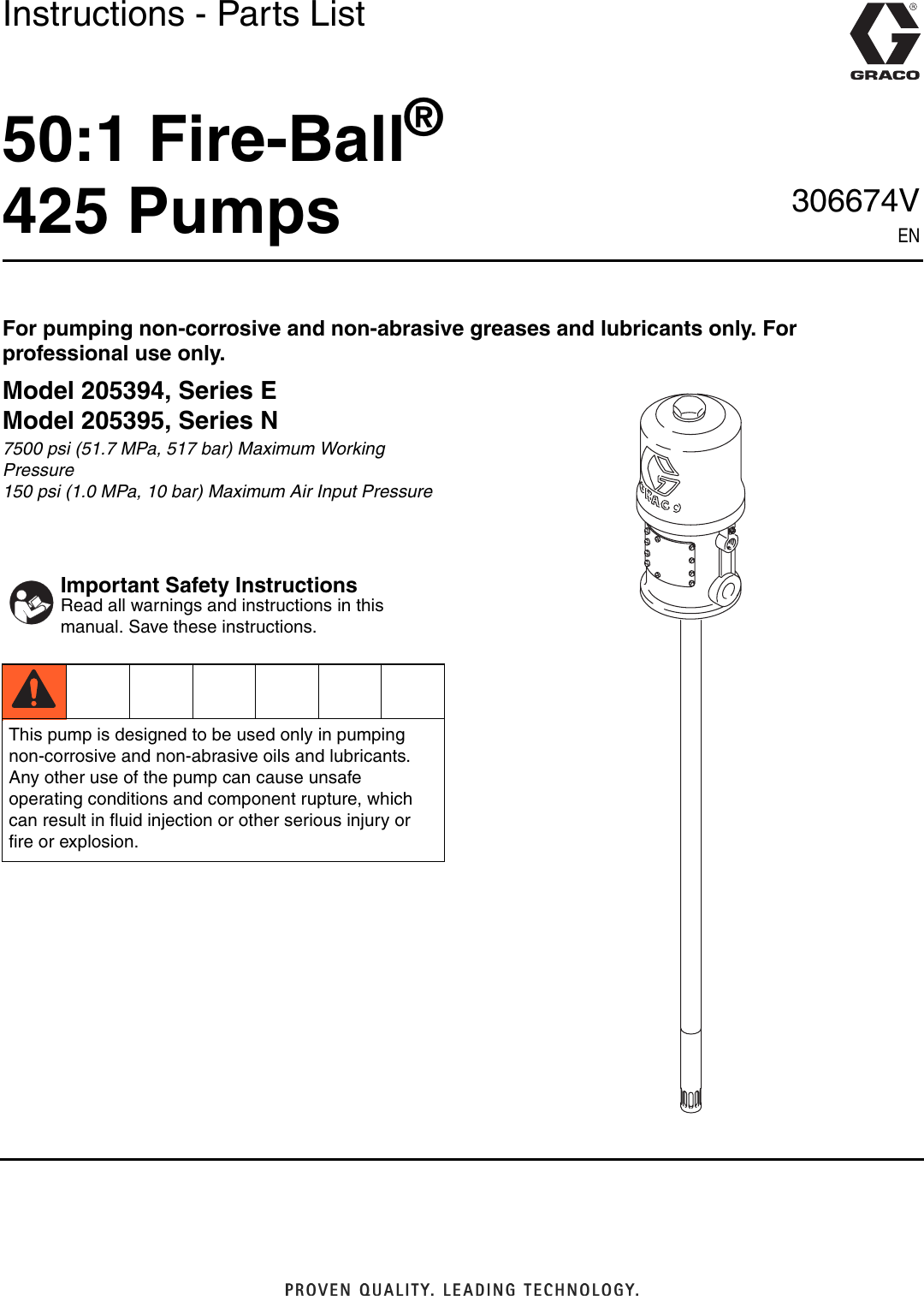 Graco 306674V 50 1 Fire Ball 425 Pumps Users Manual 306674V,