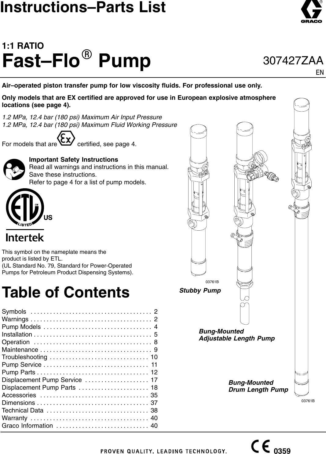 Graco 307427Zaa 1 Ratio Fast Flo Pumps Users Manual