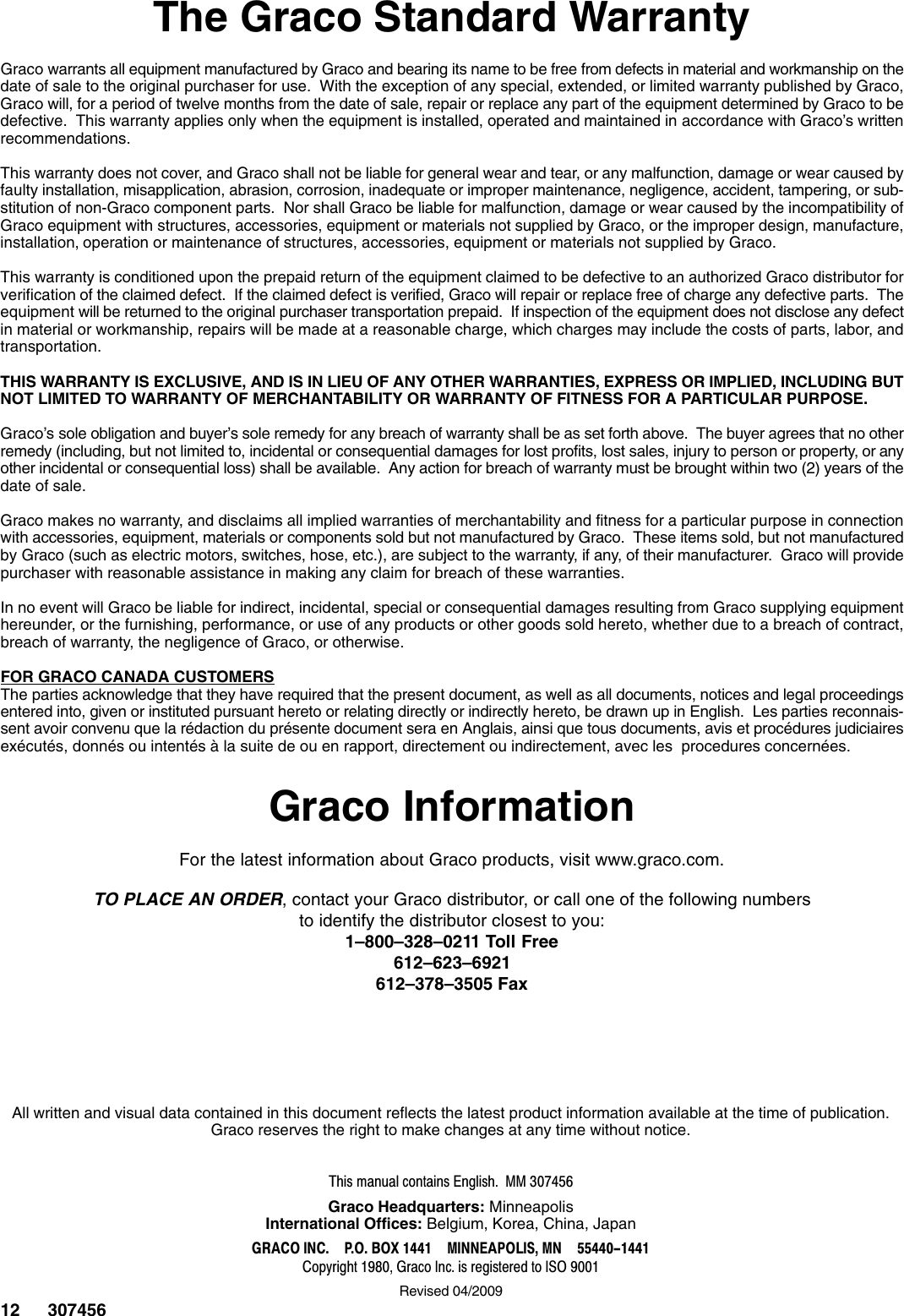 Page 12 of 12 - Graco Graco-307456U-Fast-Flo-Air-Motor-Users-Manual- 307456U, Fast-Flo Air Motor Instructions-Parts Manual, English  Graco-307456u-fast-flo-air-motor-users-manual