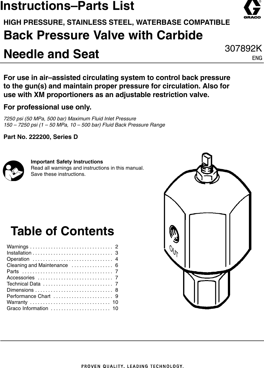 Graco 307892K Back Pressure Valve With Carbide Needle And Seat Users