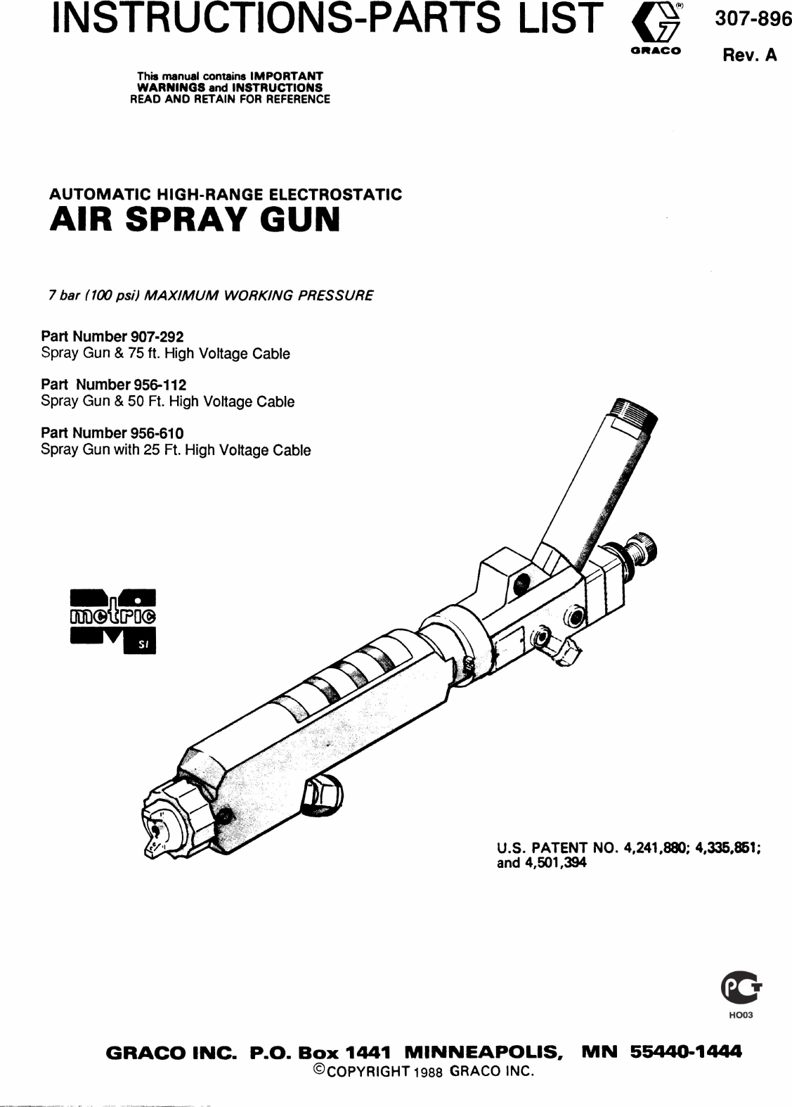 Graco 307896A Automatic High Range Electrostatic Air Spray Gun Users Manual
