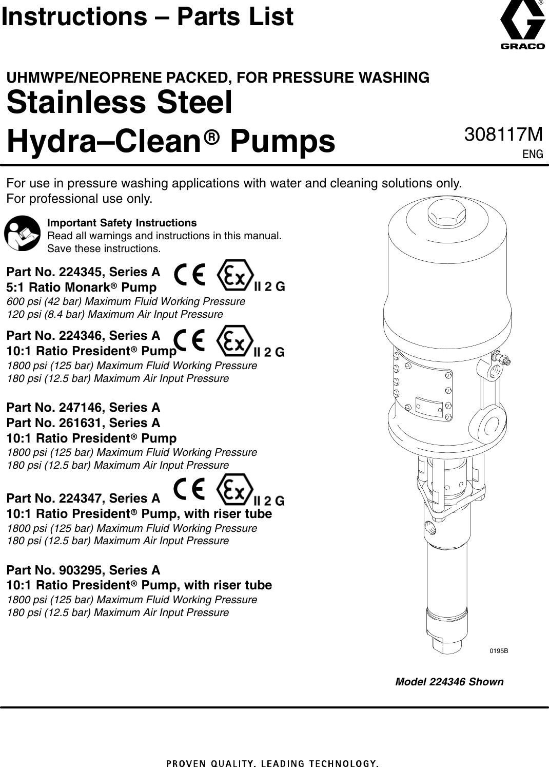 Graco 308117M Uhmwpe Neoprene Packed Stainless Steel Hydra Clean Pumps