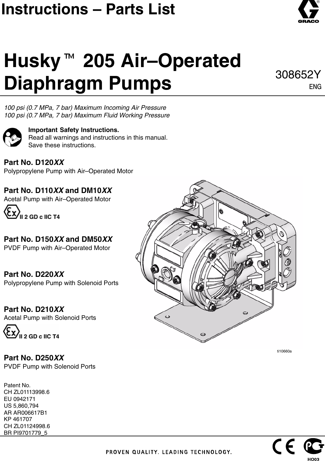 Graco 308652Y Husky 205 Air Operated Diaphragm Pumps Users Manual
