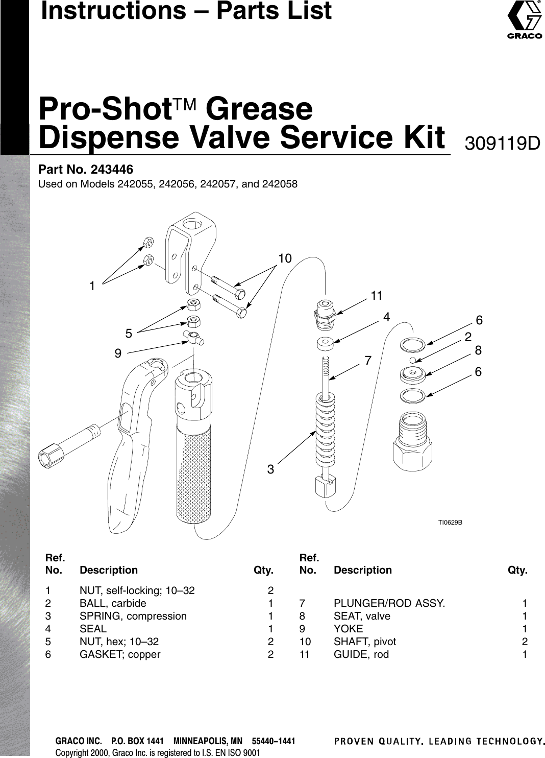 Graco 309119D Pro Shot Grease Dispense Valve Service Kit Users Manual