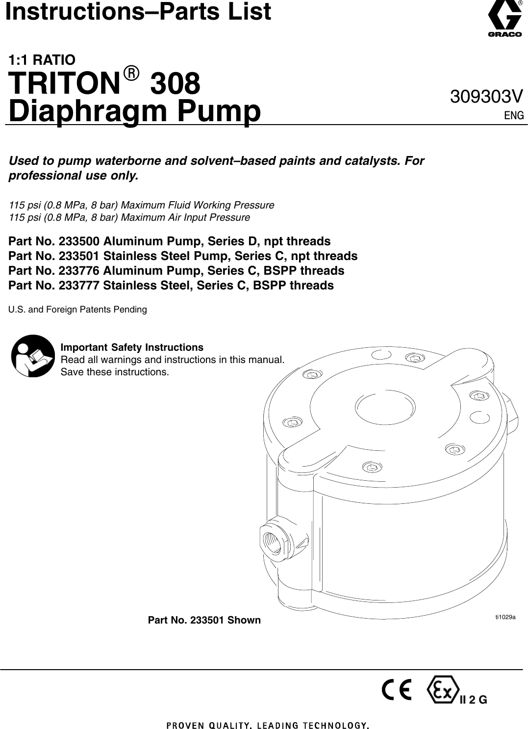 Graco 309303V 1 Ratio Triton 308 Diaphragm Pump Users Manual 309303V,