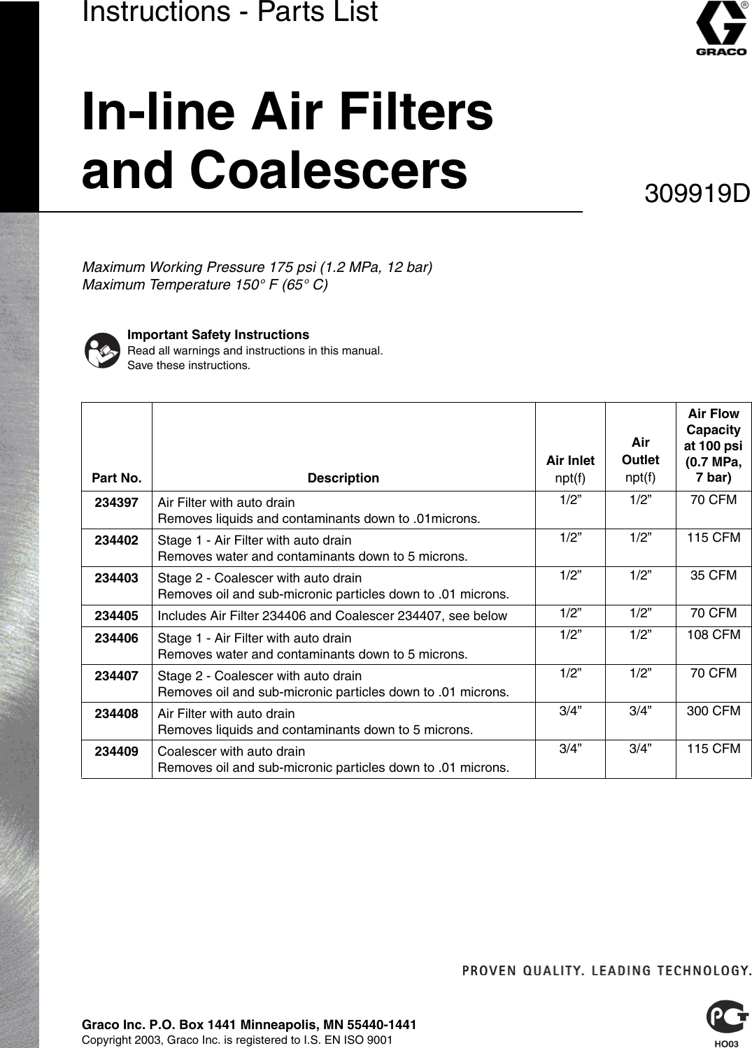 Page 1 of 8 - Graco Graco-309919D-In-Line-Air-Filters-And-Coalescers-Users-Manual- 309919D - In-Line Air Filters And Coalescers, English  Graco-309919d-in-line-air-filters-and-coalescers-users-manual