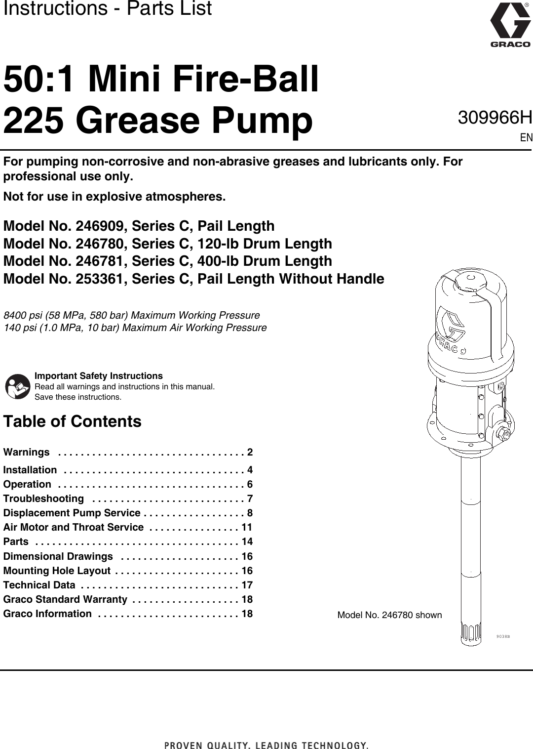 Graco 309966H 50 1 Mini Fire Ball 225 Grease Pump Users Manual