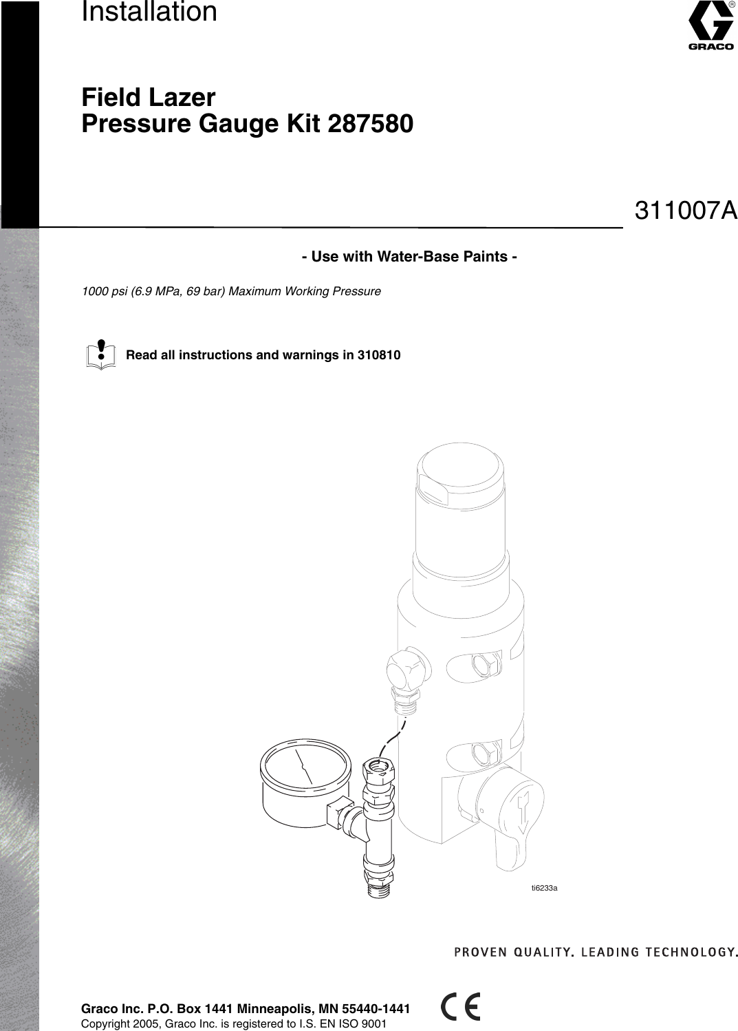 Page 1 of 2 - Graco Graco-311007A-Field-Lazer-Pressure-Gauge-Kit-287580-Users-Manual- 311007A Field Lazer Pressure Gauge Kit Installation 287580  Graco-311007a-field-lazer-pressure-gauge-kit-287580-users-manual