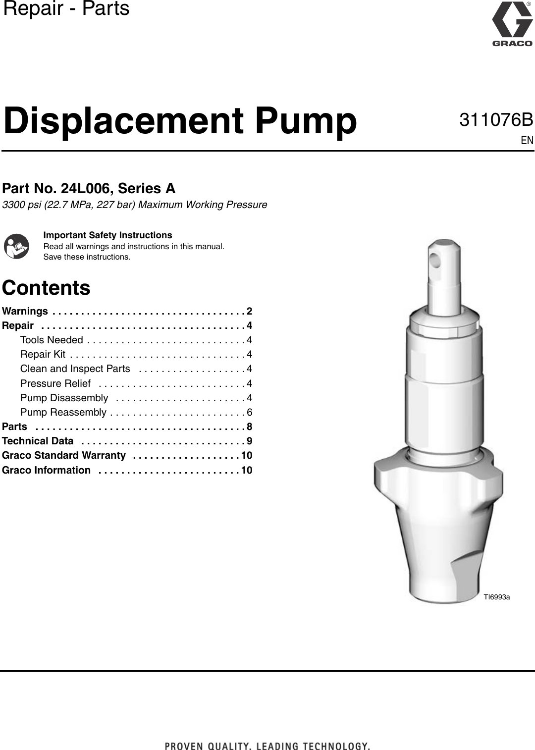 Page 1 of 10 - Graco Graco-311076B-Displacement-Pump-For-Reactor-E-10-Users-Manual- 311076B - Displacement Pump For Reactor E-10, Repair-Parts, English  Graco-311076b-displacement-pump-for-reactor-e-10-users-manual