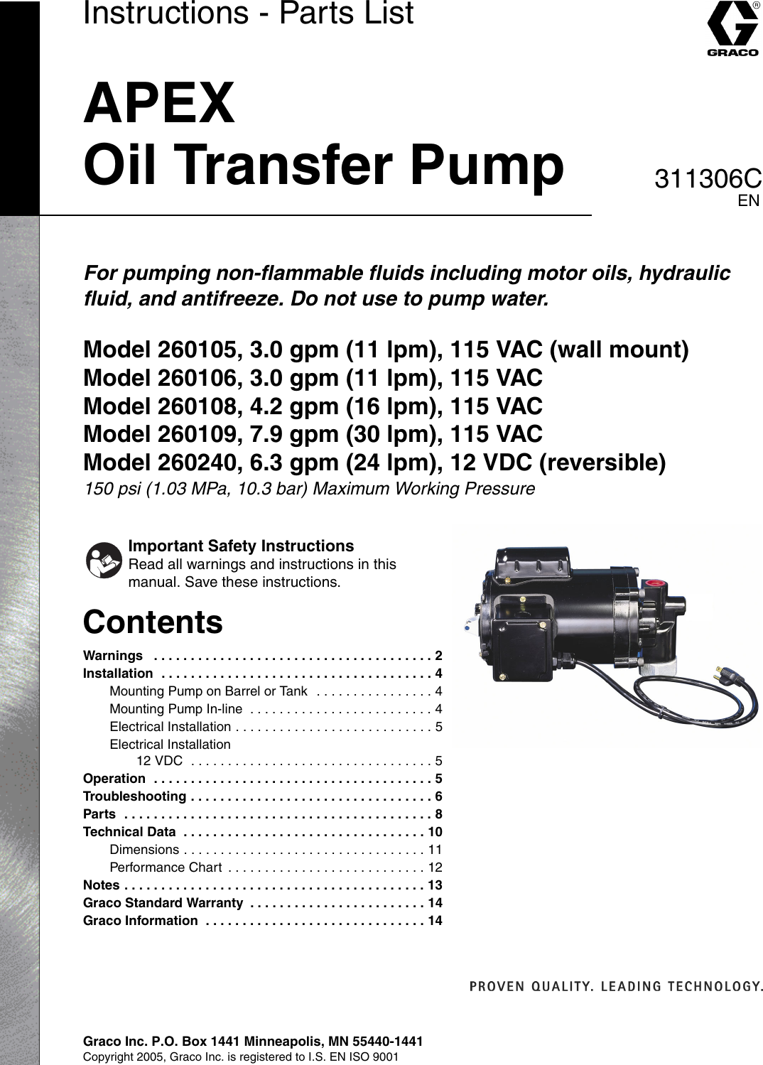 Graco 311306C Oil Transfer Pump Users Manual Pump, Instructions Parts
