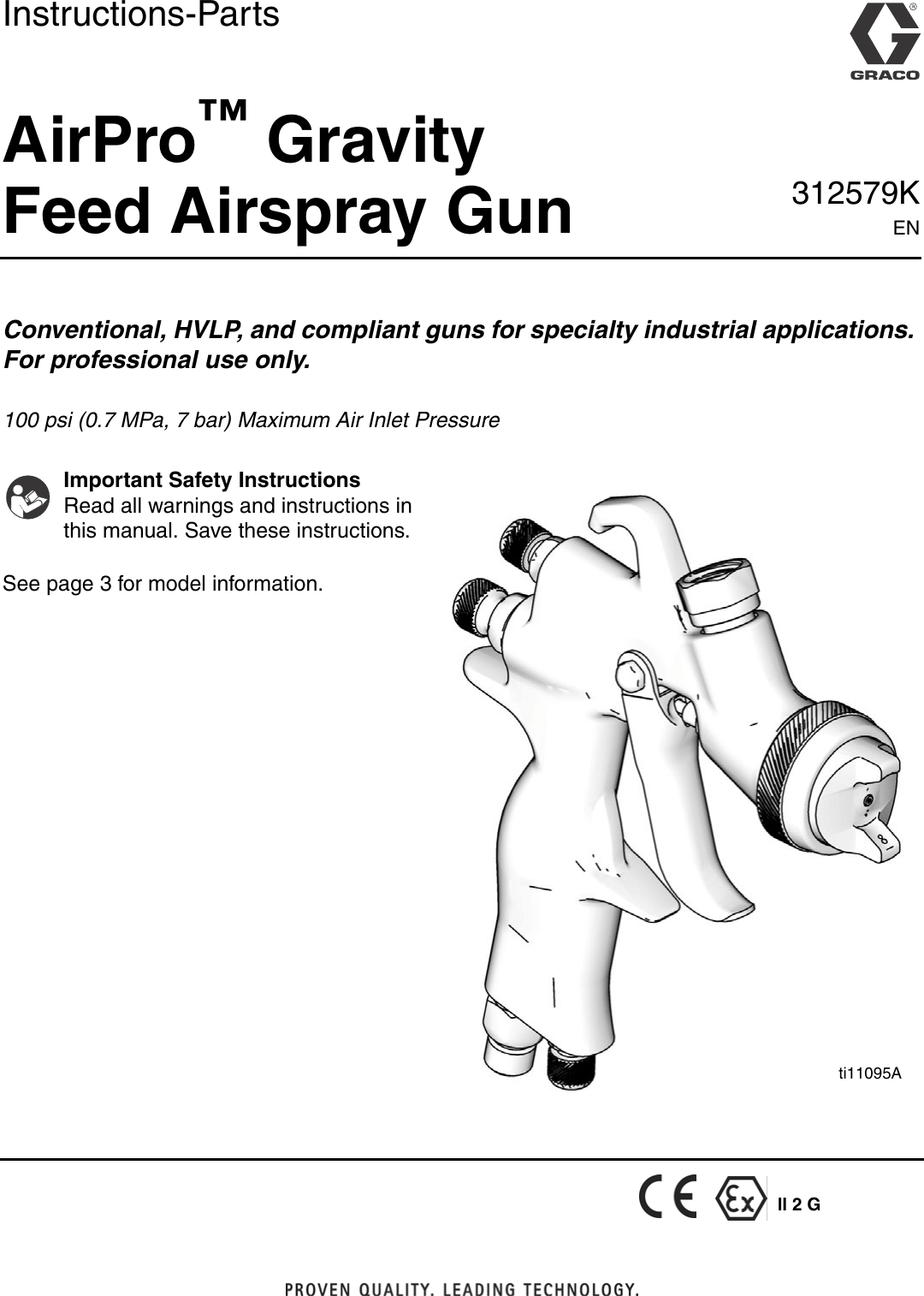 Graco 312579K Airpro Gravitty Feed Airspray Gun Users Manual Gun, Parts
