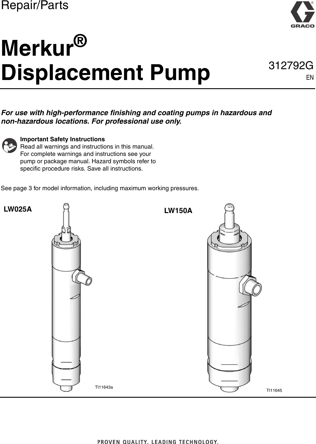 Graco 312792G Merkur Displacement Pump Users Manual 312792G, Pump