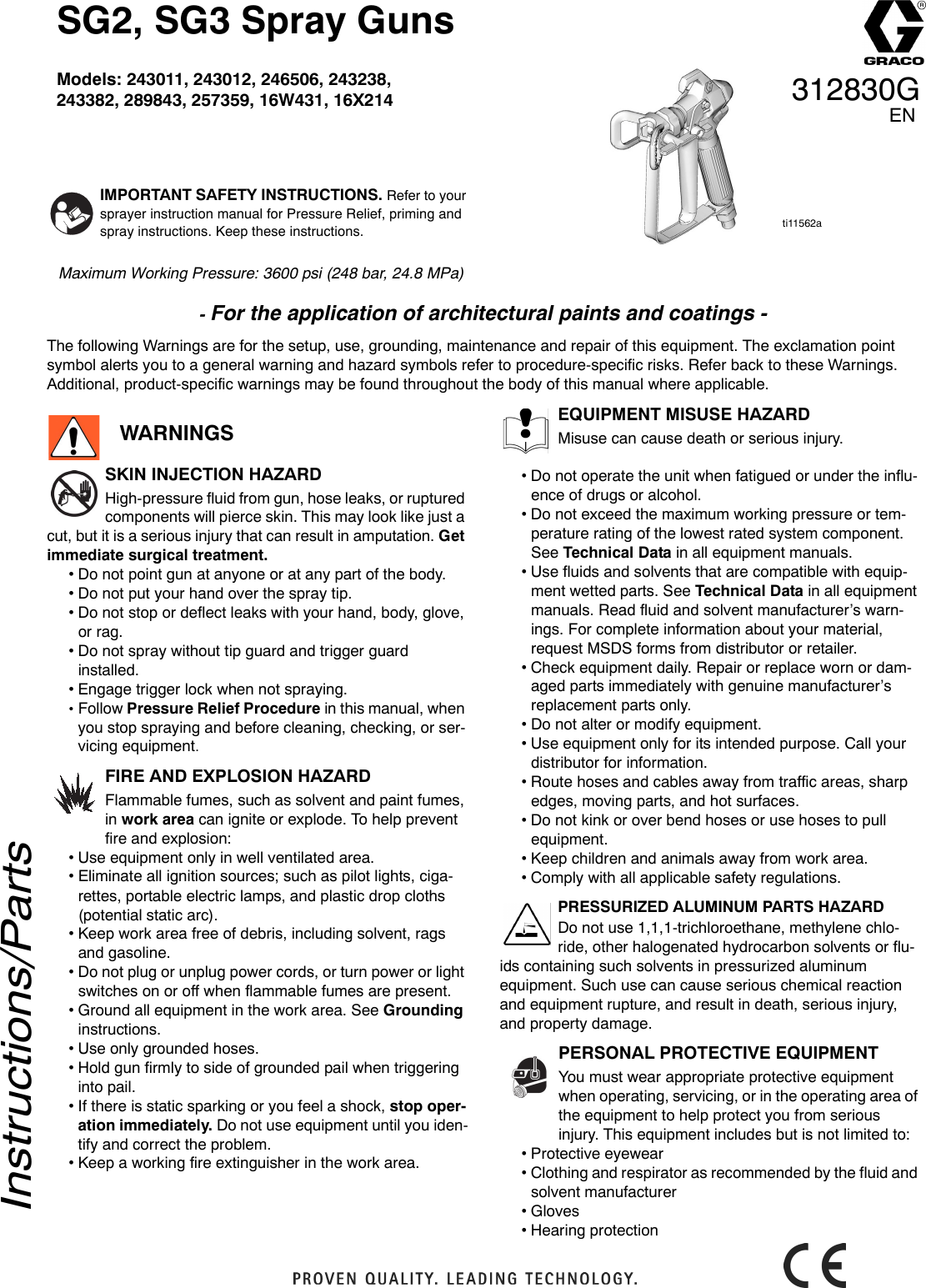 Page 1 of 4 - Graco Graco-312830G-Sg2-Sg3-Spray-Guns-Users-Manual- 312830G SG2, SG3 Spray Guns, Instructions-Parts (English)  Graco-312830g-sg2-sg3-spray-guns-users-manual