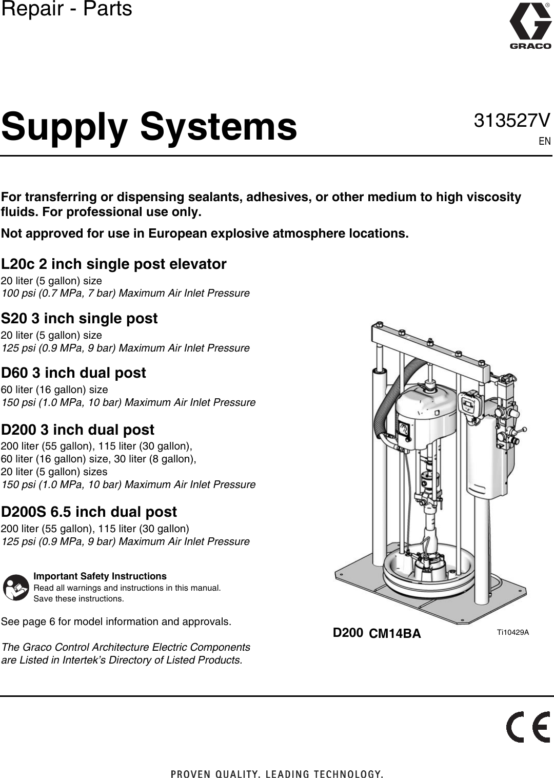 Graco 313527V Supply Systems Users Manual Systems, Repair Parts, English