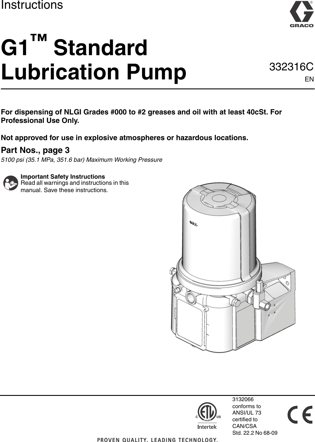 Graco 332316C G1 Standard Lubrication Pump Users Manual 332316C, Pump