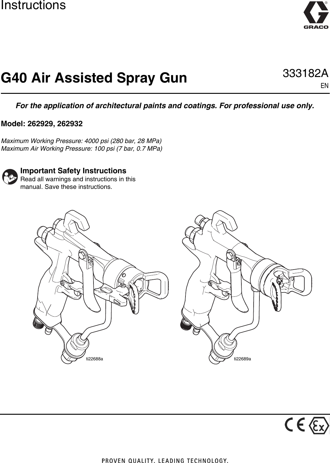 Page 1 of 12 - Graco Graco-333182A-G40-Air-Assisted-Spray-Gun-Parts-Users-Manual- 333182A - G40 Air Assisted Spray Gun, Instructions, Parts, English  Graco-333182a-g40-air-assisted-spray-gun-parts-users-manual