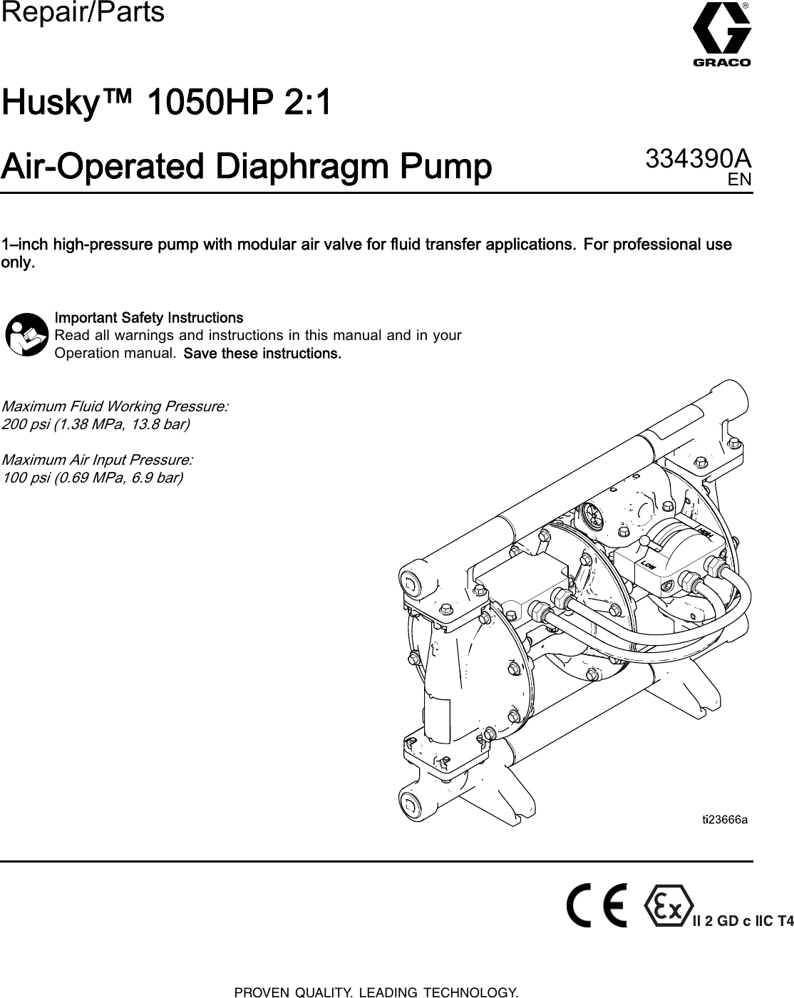 Graco 334390A Husky 1050Hp 2 1 Air Operation Diaphragm Pump Users