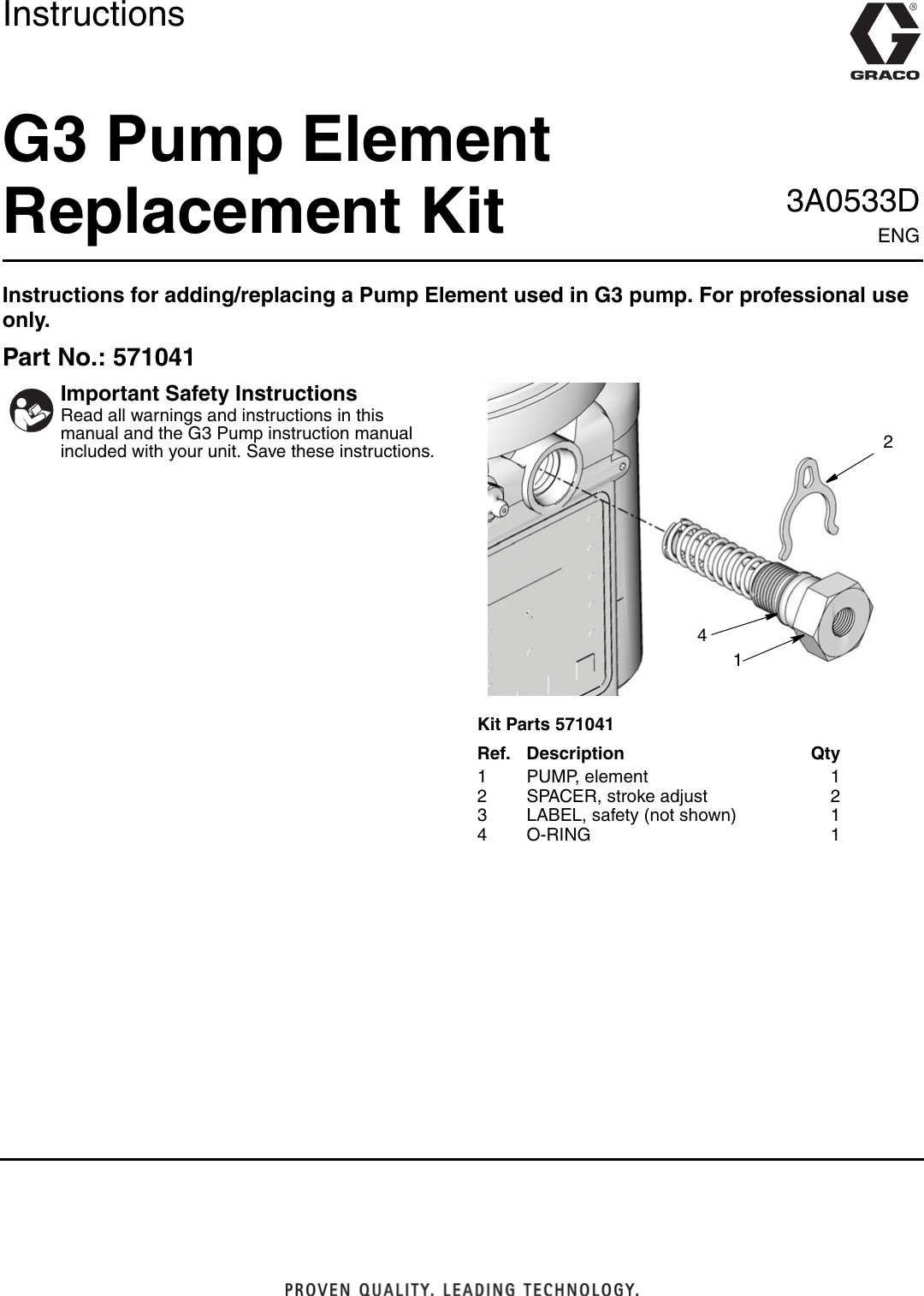 Page 1 of 4 - Graco Graco-3A0533D-G3-Pump-Element-Replacement-Kit-Users-Manual- 3A0533D G3 Pump Element Replacement Kit, Instructions, English  Graco-3a0533d-g3-pump-element-replacement-kit-users-manual