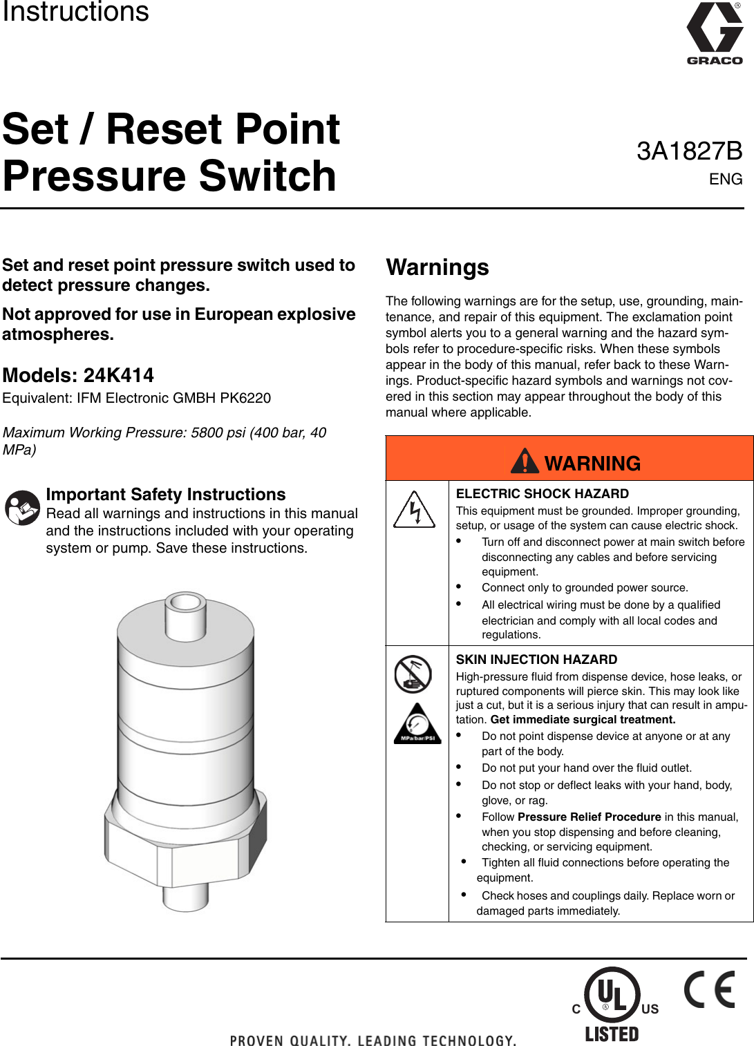 Graco 3A1827B Set Reset Point Pressure Switch Users Manual Set/Reset