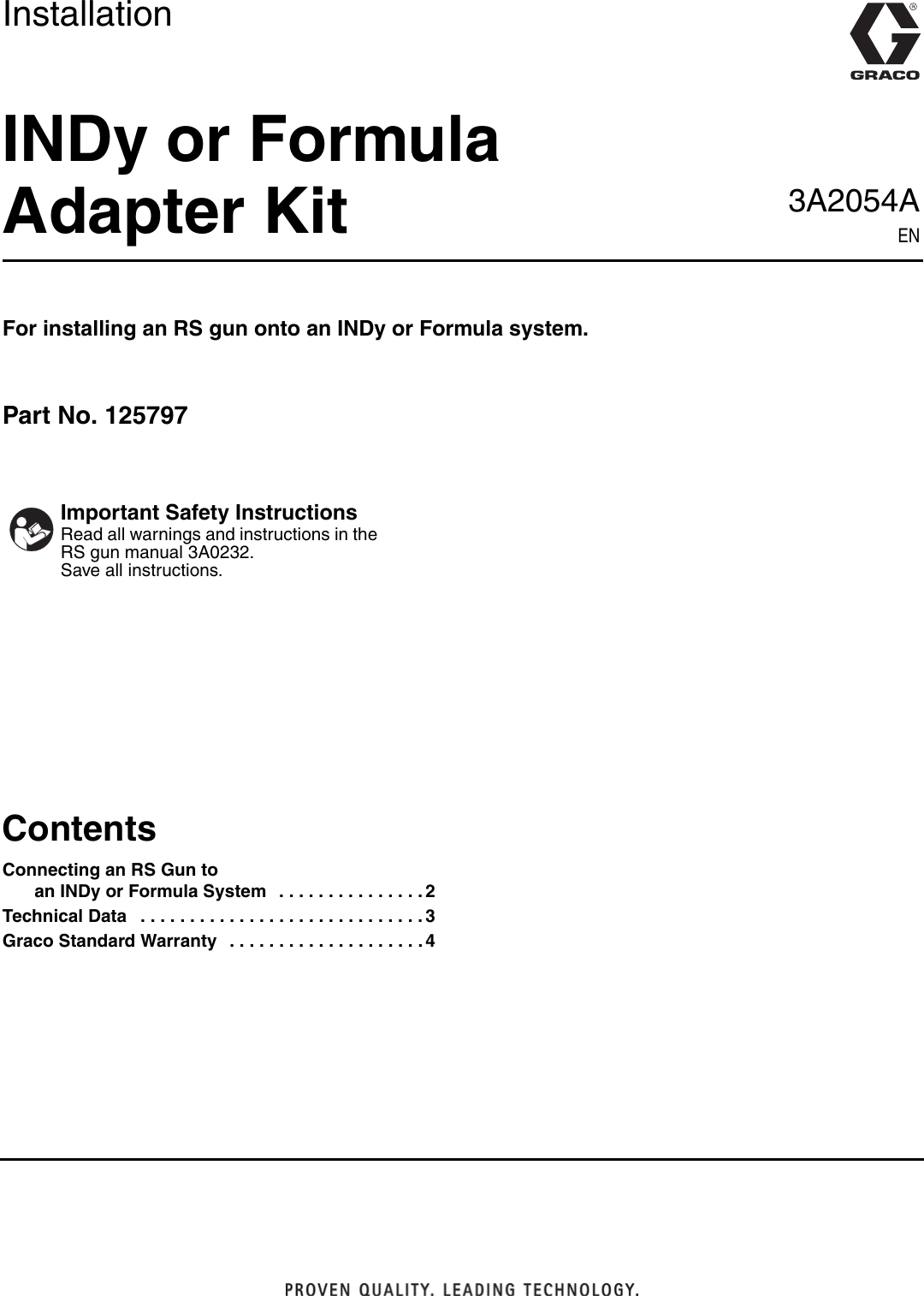 Page 1 of 4 - Graco Graco-3A2054A-Indy-Or-Formula-Adapter-Kit-Users-Manual- 3A2054A - INDy Or Formula Adapter Kit, Installation, English  Graco-3a2054a-indy-or-formula-adapter-kit-users-manual