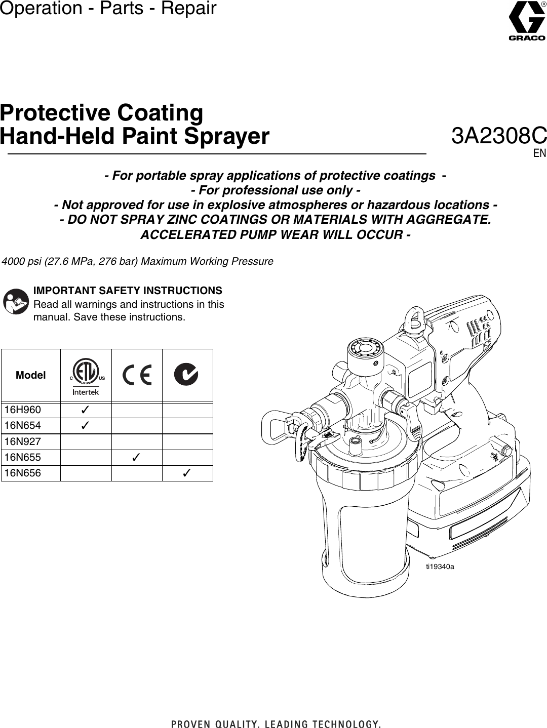 Graco 3A2308C Protective Coating Hand Held Paint Sprayer Users Manual