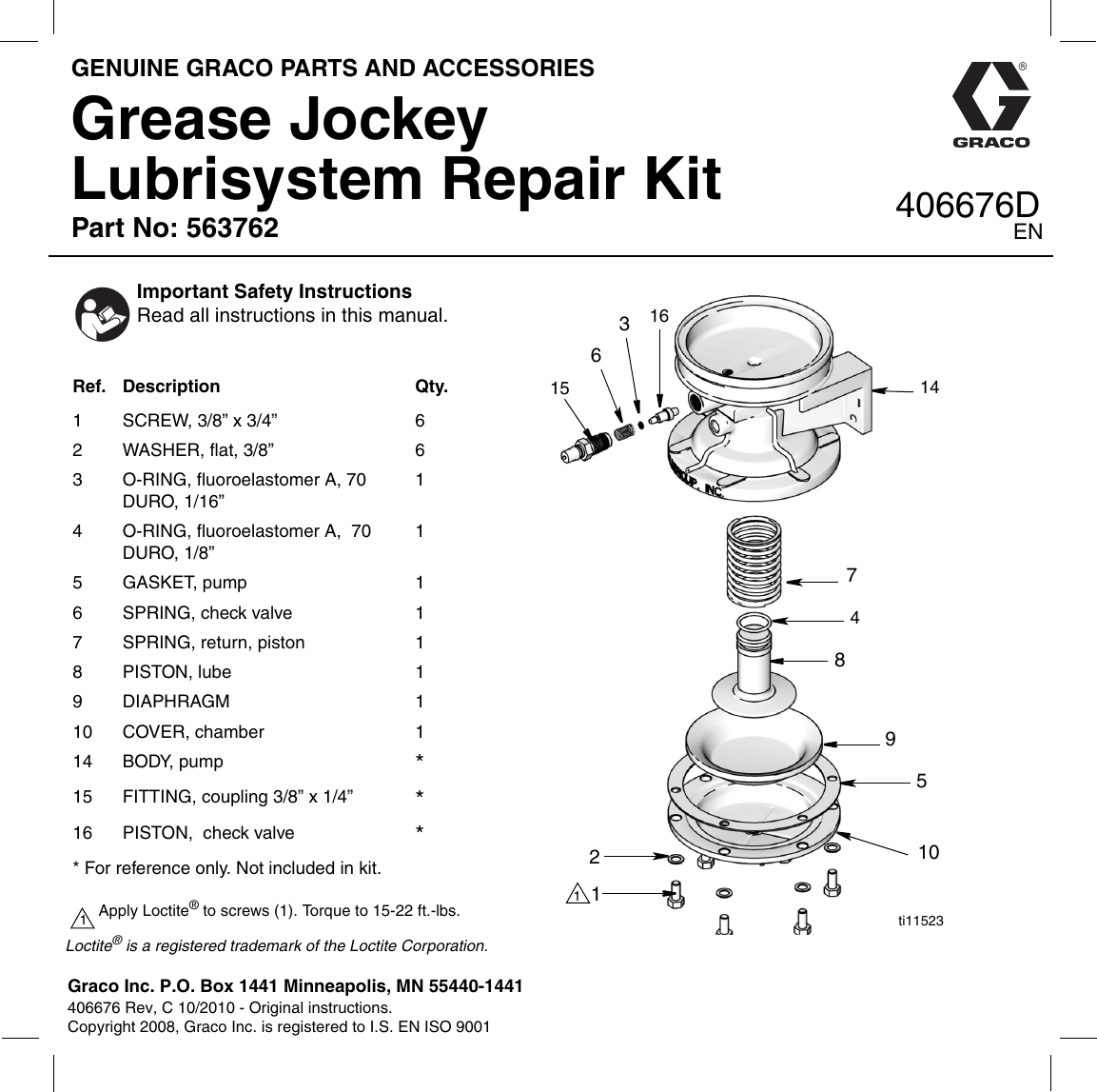 Graco 406676D Grease Jockey Lubrisystem Repair Kit Users Manual 406676D