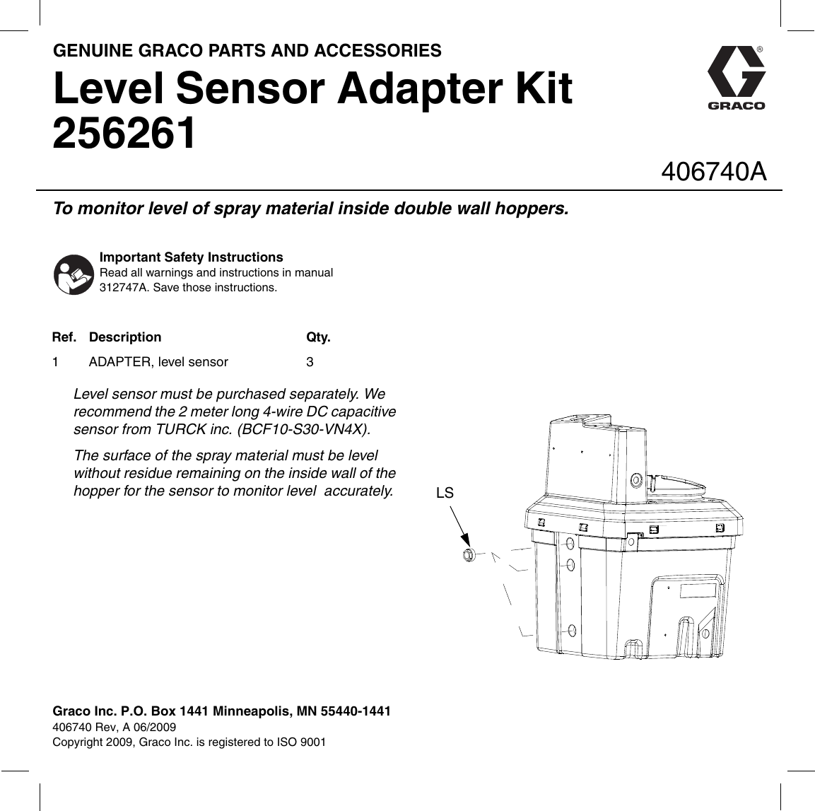 Page 1 of 1 - Graco Graco-406740A-Level-Sensor-Adapter-Kit-256261-Us-Users-Manual- 406740A, Level Sensor Adapter Kit 256261, US English  Graco-406740a-level-sensor-adapter-kit-256261-us-users-manual