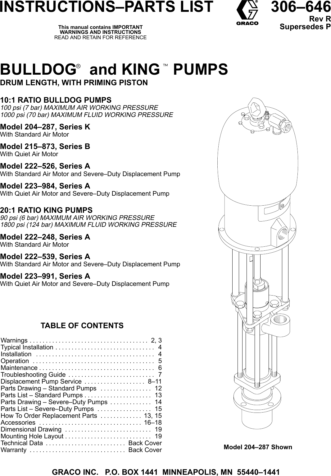 Graco Bulldog 204287 Users Manual 306646R And KING PUMPS DRUM LENGTH