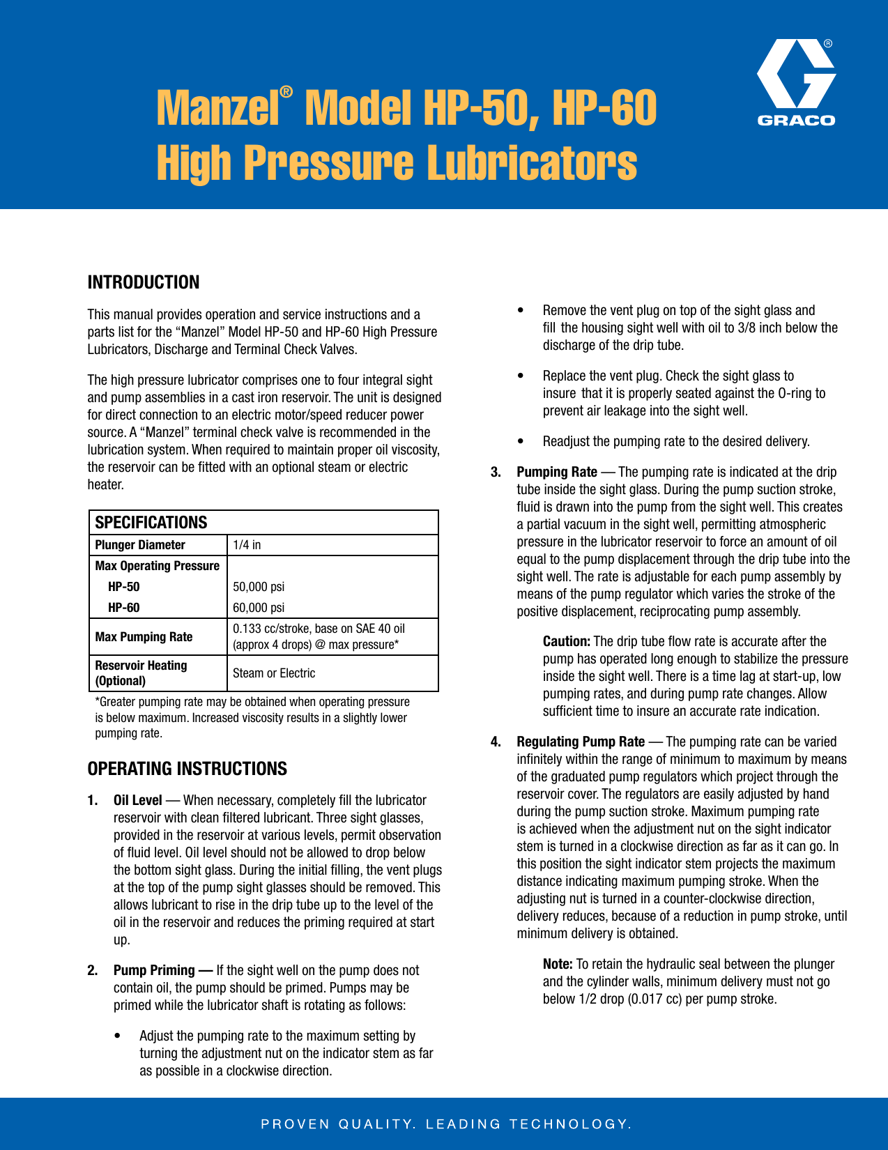 Page 1 of 4 - Graco Graco-Manzel--Hp-50-Hp-60-High-Pressure-Lubricators-Users-Manual-  Graco-manzel--hp-50-hp-60-high-pressure-lubricators-users-manual