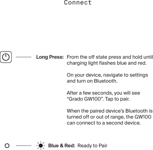 Long Press: From the off state press and hold until charging light flashes blue and red.On your device, navigate to settings and turn on Bluetooth.After a few seconds, you will see “Grado GW100”. Tap to pair.When the paired device’s Bluetooth is turned off or out of range, the GW100 can connect to a second device.Blue &amp; Red:  Ready to PairConnect