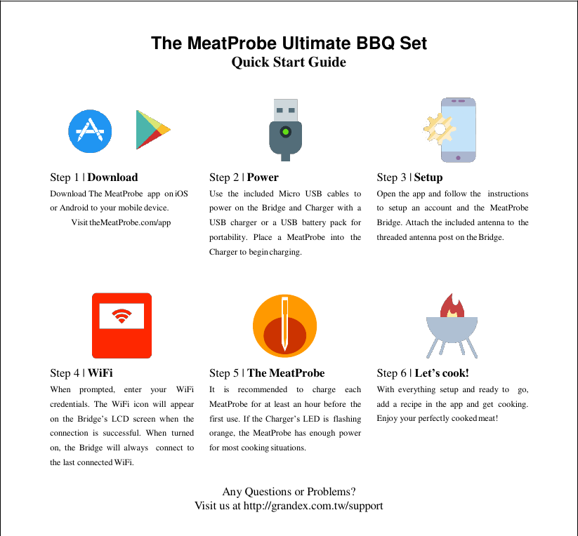 Any Questions or Problems? Visit us at http://grandex.com.tw/support  The MeatProbe Ultimate BBQ Set Quick Start Guide             Step 1 | Download Download The MeatProbe  app  on iOS or Android to your mobile device. Visit theMeatProbe.com/app Step 2 | Power Use  the  included  Micro  USB  cables  to power  on  the  Bridge and Charger with  a USB  charger  or  a  USB  battery  pack  for portability.  Place  a  MeatProbe  into  the Charger to begin charging. Step 3 | Setup Open the app and follow the   instructions to  setup  an  account  and  the  MeatProbe Bridge. Attach the included antenna to  the threaded antenna post on the Bridge.         Step 4 | WiFi When  prompted,  enter  your  WiFi credentials.  The  WiFi  icon  will  appear on  the  Bridge’s  LCD  screen  when  the connection  is  successful.  When  turned on,  the  Bridge  will  always    connect  to the last connected WiFi. Step 5 | The MeatProbe It  is  recommended  to  charge  each MeatProbe for at least  an hour before  the first use. If the Charger’s LED  is  flashing orange, the MeatProbe has  enough  power for most cooking situations. Step 6 | Let’s cook! With  everything  setup  and  ready  to    go, add  a  recipe  in  the  app  and get  cooking. Enjoy your perfectly cooked meat! 