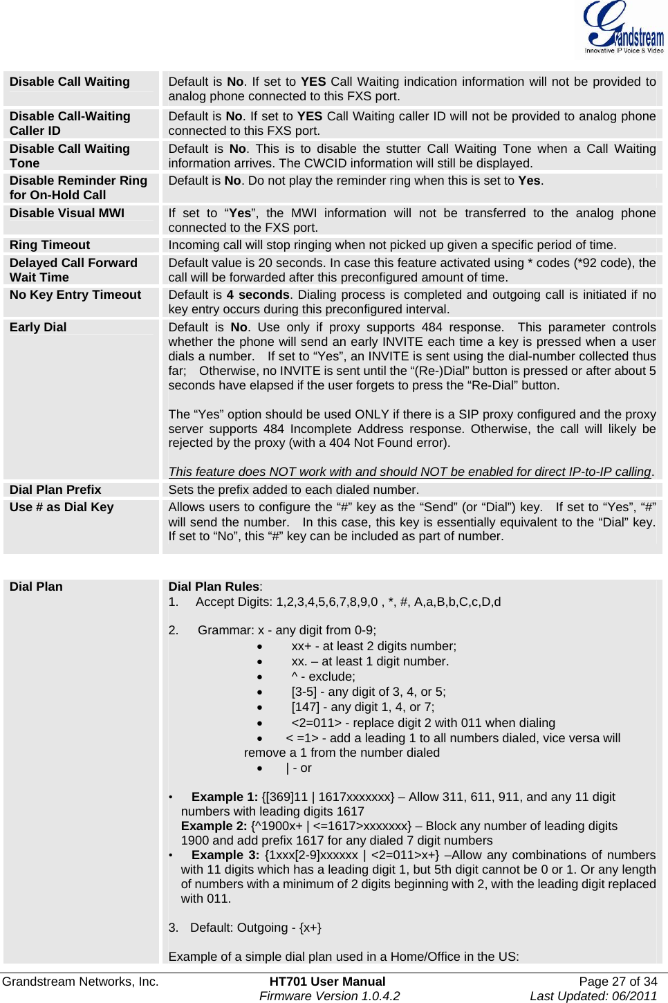  Grandstream Networks, Inc.  HT701 User Manual  Page 27 of 34     Firmware Version 1.0.4.2  Last Updated: 06/2011  Disable Call Waiting  Default is No. If set to YES Call Waiting indication information will not be provided to analog phone connected to this FXS port.  Disable Call-Waiting Caller ID  Default is No. If set to YES Call Waiting caller ID will not be provided to analog phone connected to this FXS port. Disable Call Waiting Tone  Default is No. This is to disable the stutter Call Waiting Tone when a Call Waiting information arrives. The CWCID information will still be displayed. Disable Reminder Ring for On-Hold Call  Default is No. Do not play the reminder ring when this is set to Yes. Disable Visual MWI  If set to “Yes”, the MWI information will not be transferred to the analog phone connected to the FXS port.   Ring Timeout  Incoming call will stop ringing when not picked up given a specific period of time. Delayed Call Forward Wait Time  Default value is 20 seconds. In case this feature activated using * codes (*92 code), the call will be forwarded after this preconfigured amount of time. No Key Entry Timeout  Default is 4 seconds. Dialing process is completed and outgoing call is initiated if no key entry occurs during this preconfigured interval. Early Dial  Default is No. Use only if proxy supports 484 response.  This parameter controls whether the phone will send an early INVITE each time a key is pressed when a user dials a number.    If set to “Yes”, an INVITE is sent using the dial-number collected thus far;    Otherwise, no INVITE is sent until the “(Re-)Dial” button is pressed or after about 5 seconds have elapsed if the user forgets to press the “Re-Dial” button.    The “Yes” option should be used ONLY if there is a SIP proxy configured and the proxy server supports 484 Incomplete Address response. Otherwise, the call will likely be rejected by the proxy (with a 404 Not Found error).      This feature does NOT work with and should NOT be enabled for direct IP-to-IP calling.Dial Plan Prefix  Sets the prefix added to each dialed number. Use # as Dial Key  Allows users to configure the “#” key as the “Send” (or “Dial”) key.   If set to “Yes”, “#” will send the number.   In this case, this key is essentially equivalent to the “Dial” key. If set to “No”, this “#” key can be included as part of number.  Dial Plan  Dial Plan Rules: 1.      Accept Digits: 1,2,3,4,5,6,7,8,9,0 , *, #, A,a,B,b,C,c,D,d  2.      Grammar: x - any digit from 0-9; •    xx+ - at least 2 digits number; •    xx. – at least 1 digit number.  •    ^ - exclude; •    [3-5] - any digit of 3, 4, or 5; •    [147] - any digit 1, 4, or 7; •    &lt;2=011&gt; - replace digit 2 with 011 when dialing •  &lt; =1&gt; - add a leading 1 to all numbers dialed, vice versa will remove a 1 from the number dialed • | - or  •   Example 1: {[369]11 | 1617xxxxxxx} – Allow 311, 611, 911, and any 11 digit   numbers with leading digits 1617 Example 2: {^1900x+ | &lt;=1617&gt;xxxxxxx} – Block any number of leading digits 1900 and add prefix 1617 for any dialed 7 digit numbers •   Example 3: {1xxx[2-9]xxxxxx | &lt;2=011&gt;x+} –Allow any combinations of numbers with 11 digits which has a leading digit 1, but 5th digit cannot be 0 or 1. Or any length of numbers with a minimum of 2 digits beginning with 2, with the leading digit replaced with 011.  3.    Default: Outgoing - {x+}  Example of a simple dial plan used in a Home/Office in the US: 