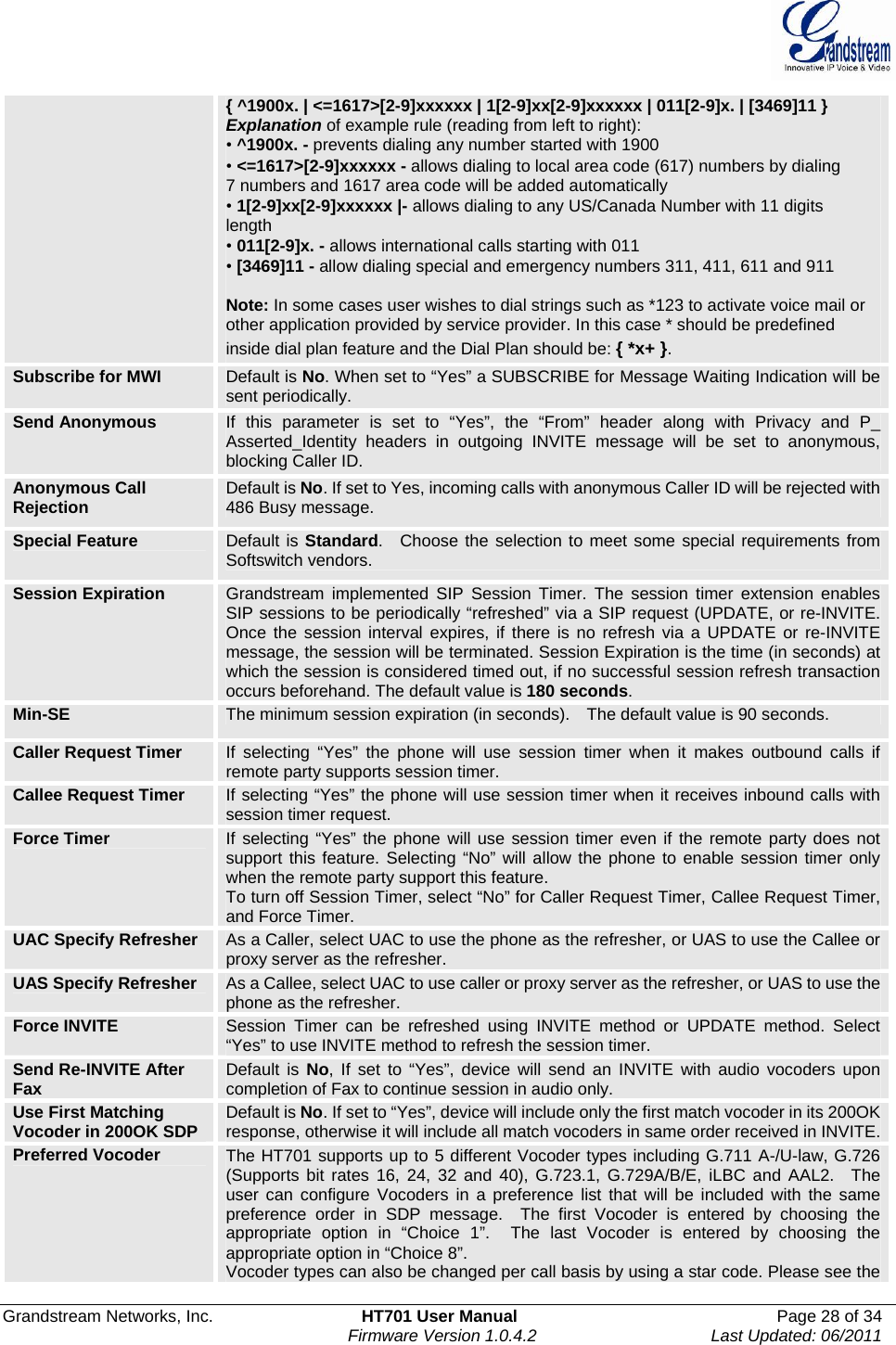  Grandstream Networks, Inc.  HT701 User Manual  Page 28 of 34     Firmware Version 1.0.4.2  Last Updated: 06/2011  { ^1900x. | &lt;=1617&gt;[2-9]xxxxxx | 1[2-9]xx[2-9]xxxxxx | 011[2-9]x. | [3469]11 } Explanation of example rule (reading from left to right): • ^1900x. - prevents dialing any number started with 1900 • &lt;=1617&gt;[2-9]xxxxxx - allows dialing to local area code (617) numbers by dialing 7 numbers and 1617 area code will be added automatically • 1[2-9]xx[2-9]xxxxxx |- allows dialing to any US/Canada Number with 11 digits length • 011[2-9]x. - allows international calls starting with 011 • [3469]11 - allow dialing special and emergency numbers 311, 411, 611 and 911  Note: In some cases user wishes to dial strings such as *123 to activate voice mail or other application provided by service provider. In this case * should be predefined inside dial plan feature and the Dial Plan should be: { *x+ }.   Subscribe for MWI  Default is No. When set to “Yes” a SUBSCRIBE for Message Waiting Indication will be sent periodically. Send Anonymous  If this parameter is set to “Yes”, the “From” header along with Privacy and P_ Asserted_Identity headers in outgoing INVITE message will be set to anonymous, blocking Caller ID. Anonymous Call Rejection  Default is No. If set to Yes, incoming calls with anonymous Caller ID will be rejected with 486 Busy message. Special Feature  Default is Standard.  Choose the selection to meet some special requirements from Softswitch vendors. Session Expiration  Grandstream implemented SIP Session Timer. The session timer extension enables SIP sessions to be periodically “refreshed” via a SIP request (UPDATE, or re-INVITE. Once the session interval expires, if there is no refresh via a UPDATE or re-INVITE message, the session will be terminated. Session Expiration is the time (in seconds) at which the session is considered timed out, if no successful session refresh transaction occurs beforehand. The default value is 180 seconds. Min-SE  The minimum session expiration (in seconds).    The default value is 90 seconds.   Caller Request Timer  If selecting “Yes” the phone will use session timer when it makes outbound calls if remote party supports session timer. Callee Request Timer  If selecting “Yes” the phone will use session timer when it receives inbound calls with session timer request.   Force Timer  If selecting “Yes” the phone will use session timer even if the remote party does not support this feature. Selecting “No” will allow the phone to enable session timer only when the remote party support this feature.   To turn off Session Timer, select “No” for Caller Request Timer, Callee Request Timer, and Force Timer. UAC Specify Refresher  As a Caller, select UAC to use the phone as the refresher, or UAS to use the Callee or proxy server as the refresher.   UAS Specify Refresher  As a Callee, select UAC to use caller or proxy server as the refresher, or UAS to use the phone as the refresher. Force INVITE  Session Timer can be refreshed using INVITE method or UPDATE method. Select “Yes” to use INVITE method to refresh the session timer.   Send Re-INVITE After Fax  Default is No, If set to “Yes”, device will send an INVITE with audio vocoders upon completion of Fax to continue session in audio only. Use First Matching Vocoder in 200OK SDP  Default is No. If set to “Yes”, device will include only the first match vocoder in its 200OK response, otherwise it will include all match vocoders in same order received in INVITE.Preferred Vocoder  The HT701 supports up to 5 different Vocoder types including G.711 A-/U-law, G.726 (Supports bit rates 16, 24, 32 and 40), G.723.1, G.729A/B/E, iLBC and AAL2.  The user can configure Vocoders in a preference list that will be included with the same preference order in SDP message.  The first Vocoder is entered by choosing the appropriate option in “Choice 1”.  The last Vocoder is entered by choosing the appropriate option in “Choice 8”. Vocoder types can also be changed per call basis by using a star code. Please see the 