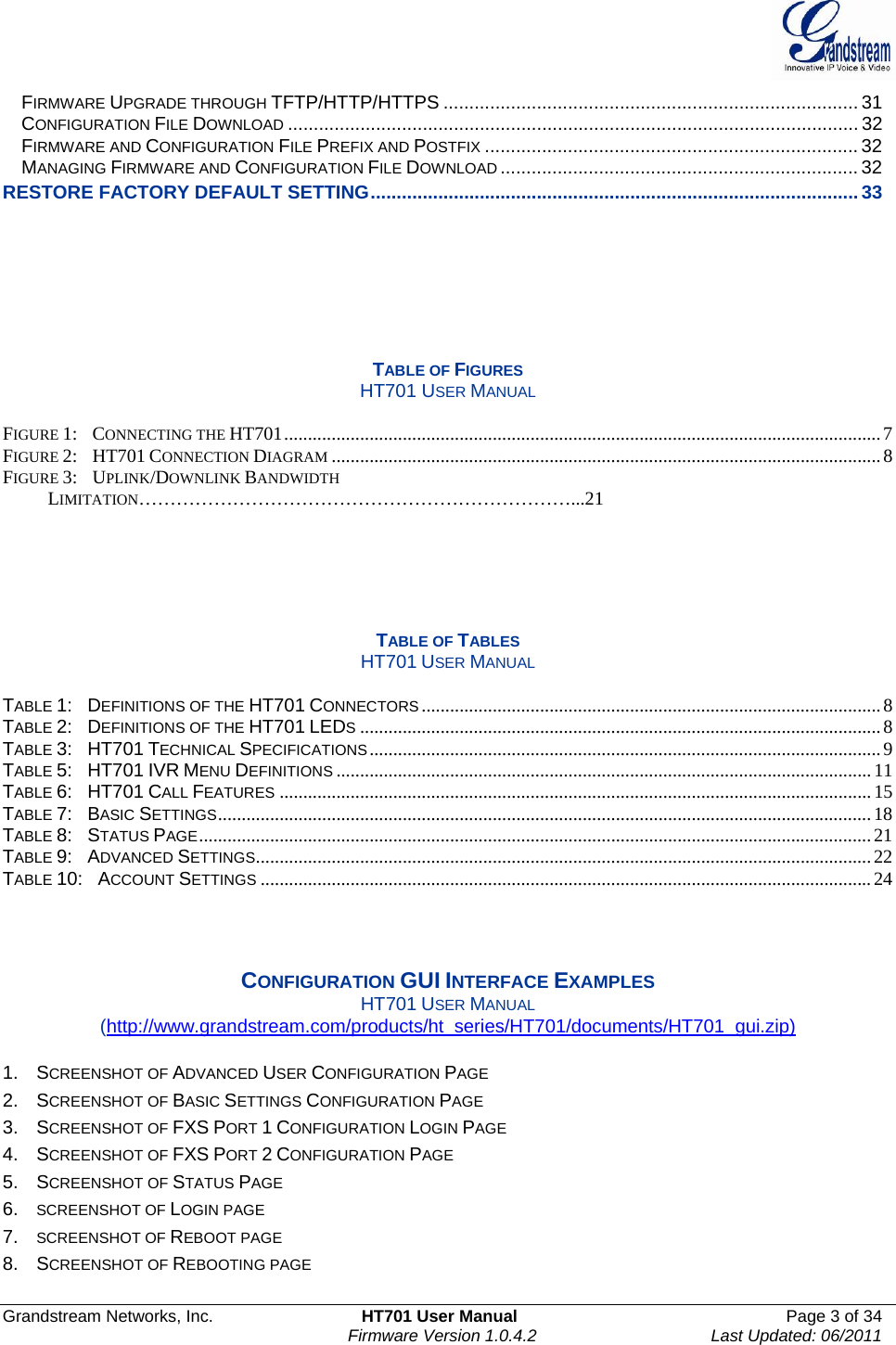  Grandstream Networks, Inc.  HT701 User Manual  Page 3 of 34     Firmware Version 1.0.4.2  Last Updated: 06/2011  FIRMWARE UPGRADE THROUGH TFTP/HTTP/HTTPS ................................................................................ 31 CONFIGURATION FILE DOWNLOAD .............................................................................................................. 32 FIRMWARE AND CONFIGURATION FILE PREFIX AND POSTFIX ........................................................................ 32 MANAGING FIRMWARE AND CONFIGURATION FILE DOWNLOAD ..................................................................... 32 RESTORE FACTORY DEFAULT SETTING..............................................................................................33        TABLE OF FIGURES HT701 USER MANUAL  FIGURE 1:  CONNECTING THE HT701..............................................................................................................................7 FIGURE 2:  HT701 CONNECTION DIAGRAM ....................................................................................................................8 FIGURE 3:  UPLINK/DOWNLINK BANDWIDTH LIMITATION……………………………………………………………...21      TABLE OF TABLES HT701 USER MANUAL  TABLE 1:  DEFINITIONS OF THE HT701 CONNECTORS .................................................................................................8 TABLE 2:  DEFINITIONS OF THE HT701 LEDS..............................................................................................................8 TABLE 3:  HT701 TECHNICAL SPECIFICATIONS............................................................................................................9 TABLE 5:  HT701 IVR MENU DEFINITIONS .................................................................................................................11 TABLE 6:  HT701 CALL FEATURES .............................................................................................................................15 TABLE 7:  BASIC SETTINGS..........................................................................................................................................18 TABLE 8:  STATUS PAGE..............................................................................................................................................21 TABLE 9:  ADVANCED SETTINGS..................................................................................................................................22 TABLE 10:  ACCOUNT SETTINGS .................................................................................................................................24    CONFIGURATION GUI INTERFACE EXAMPLES HT701 USER MANUAL (http://www.grandstream.com/products/ht_series/HT701/documents/HT701_gui.zip)  1. SCREENSHOT OF ADVANCED USER CONFIGURATION PAGE   2. SCREENSHOT OF BASIC SETTINGS CONFIGURATION PAGE   3. SCREENSHOT OF FXS PORT 1 CONFIGURATION LOGIN PAGE 4. SCREENSHOT OF FXS PORT 2 CONFIGURATION PAGE 5. SCREENSHOT OF STATUS PAGE 6.  SCREENSHOT OF LOGIN PAGE 7.  SCREENSHOT OF REBOOT PAGE 8. SCREENSHOT OF REBOOTING PAGE  