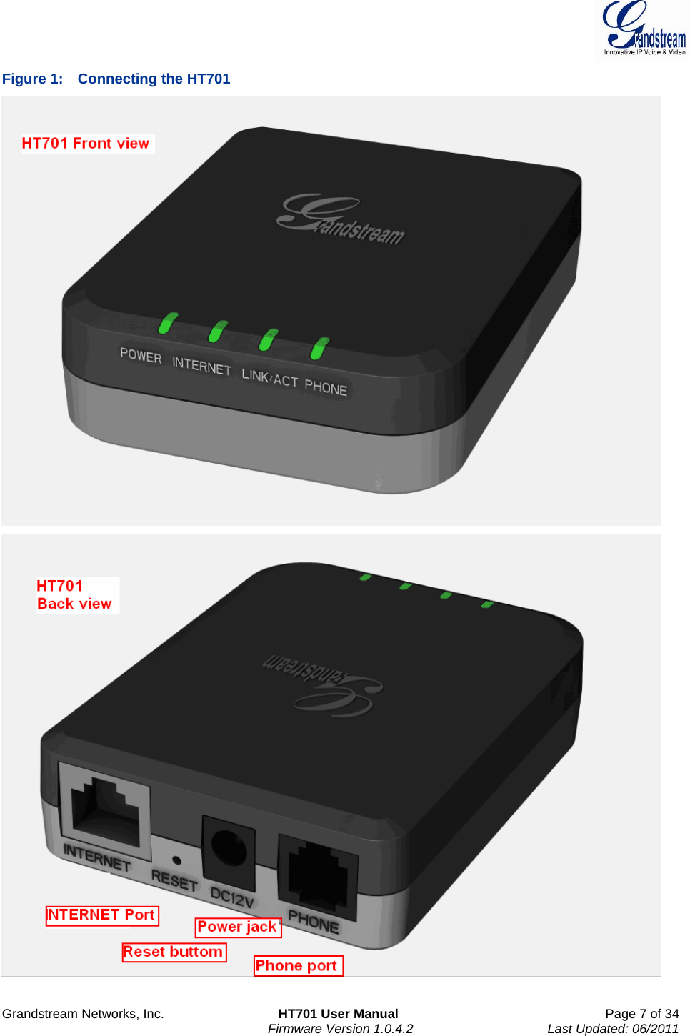  Grandstream Networks, Inc.  HT701 User Manual  Page 7 of 34     Firmware Version 1.0.4.2  Last Updated: 06/2011  Figure 1:    Connecting the HT701     