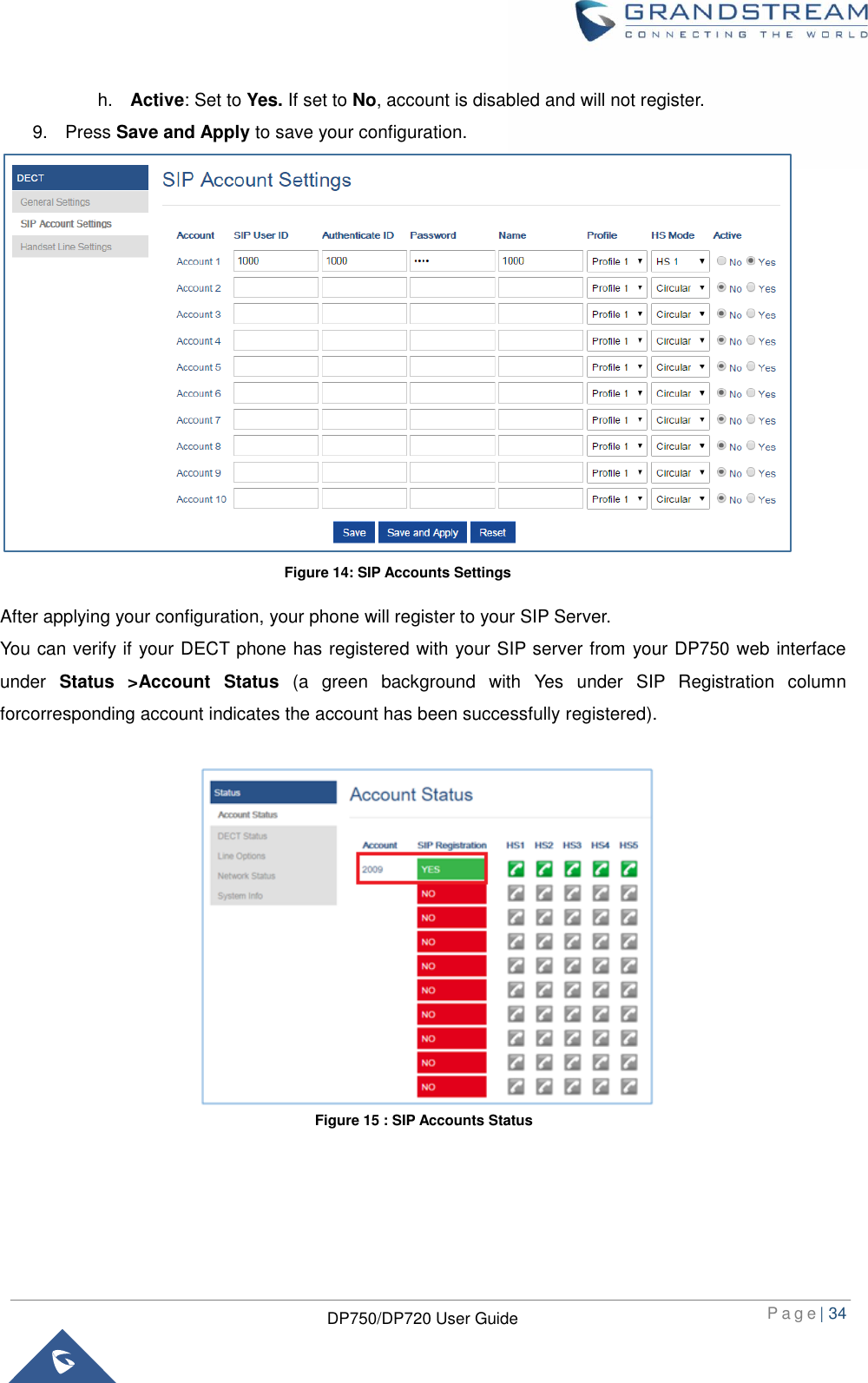  P a g e | 34  DP750/DP720 User Guide  h. Active: Set to Yes. If set to No, account is disabled and will not register. 9.  Press Save and Apply to save your configuration.                 After applying your configuration, your phone will register to your SIP Server.   You can verify if your DECT phone has registered with your SIP server from your DP750 web interface under  Status  &gt;Account  Status  (a  green  background  with  Yes  under  SIP  Registration  column forcorresponding account indicates the account has been successfully registered).                 Figure 14: SIP Accounts Settings Figure 15 : SIP Accounts Status 