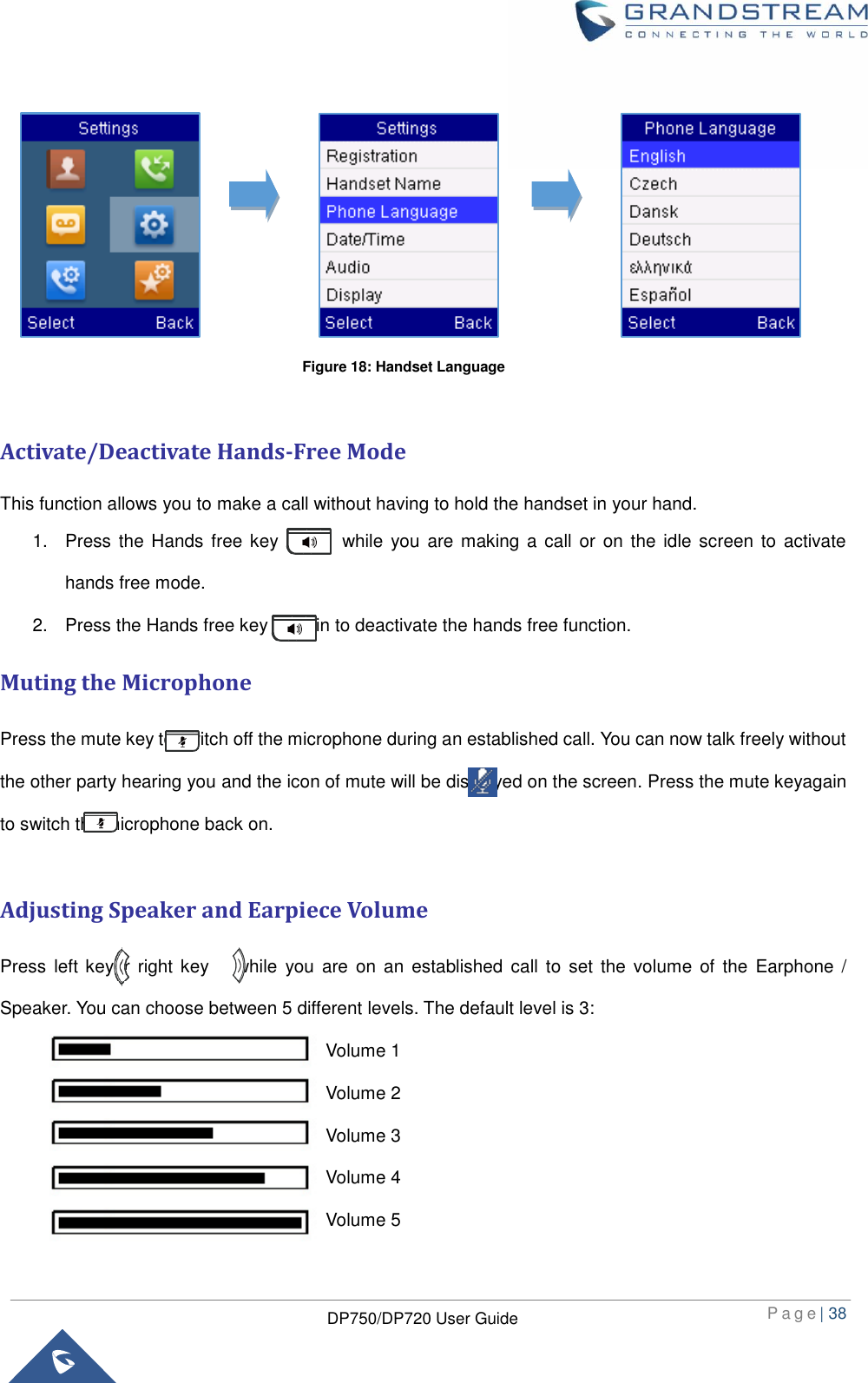  P a g e | 38  DP750/DP720 User Guide             Activate/Deactivate Hands-Free Mode This function allows you to make a call without having to hold the handset in your hand. 1.  Press the  Hands free  key              while you are  making a  call or  on the  idle screen  to activate hands free mode.   2.  Press the Hands free key    again to deactivate the hands free function.   Muting the Microphone Press the mute key to switch off the microphone during an established call. You can now talk freely without the other party hearing you and the icon of mute will be displayed on the screen. Press the mute keyagain to switch the microphone back on.  Adjusting Speaker and Earpiece Volume Press  left keyor right key      while  you  are  on an  established  call to set  the  volume  of the  Earphone  / Speaker. You can choose between 5 different levels. The default level is 3: Volume 1 Volume 2 Volume 3 Volume 4 Volume 5 Figure 18: Handset Language 
