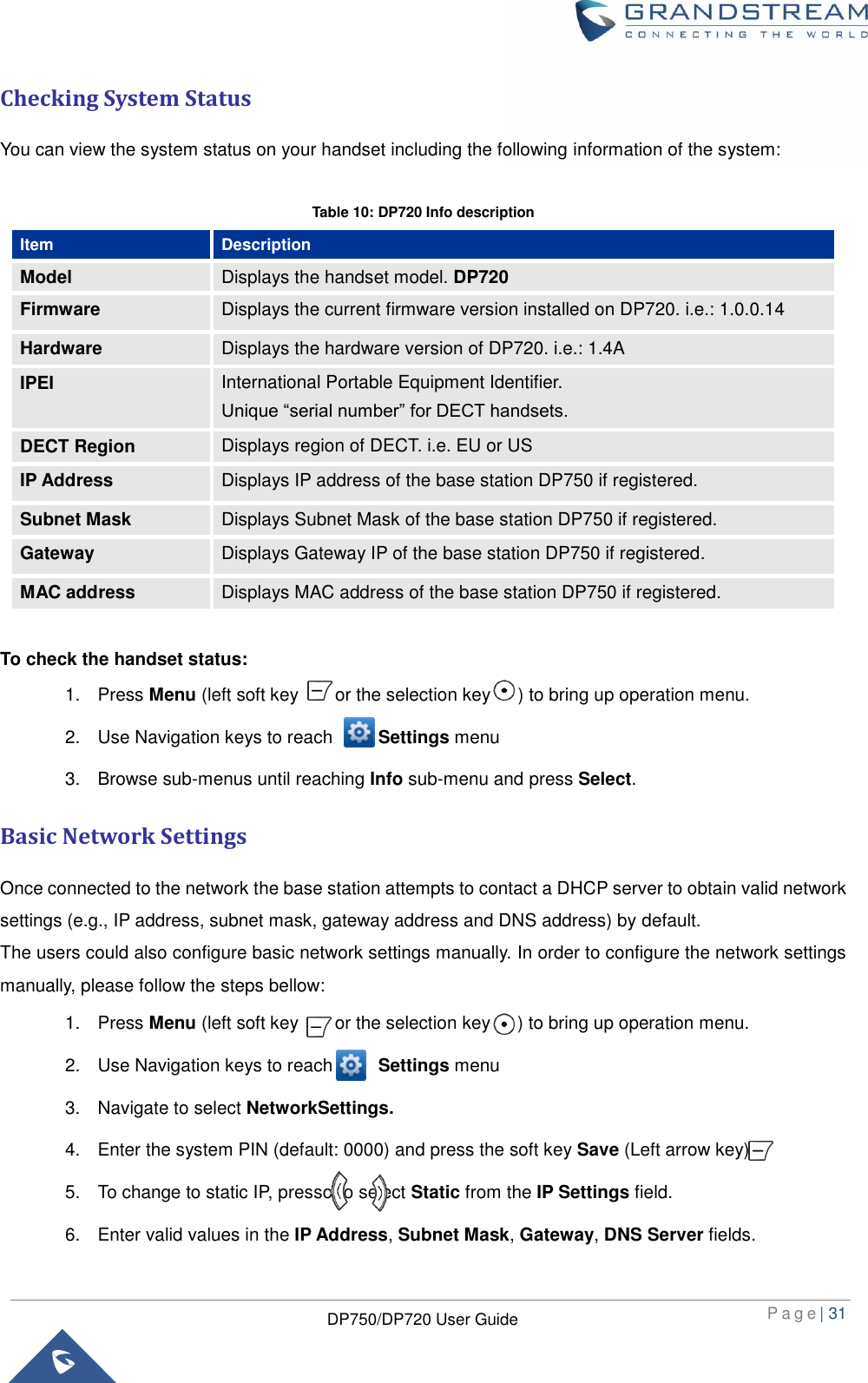  P a g e | 31  DP750/DP720 User Guide  Checking System Status You can view the system status on your handset including the following information of the system:  Table 10: DP720 Info description Item Description Model Displays the handset model. DP720 Firmware Displays the current firmware version installed on DP720. i.e.: 1.0.0.14 Hardware Displays the hardware version of DP720. i.e.: 1.4A IPEI International Portable Equipment Identifier. Unique “serial number” for DECT handsets. DECT Region Displays region of DECT. i.e. EU or US IP Address Displays IP address of the base station DP750 if registered. Subnet Mask Displays Subnet Mask of the base station DP750 if registered. Gateway Displays Gateway IP of the base station DP750 if registered. MAC address Displays MAC address of the base station DP750 if registered.  To check the handset status:   1.  Press Menu (left soft key        or the selection key      ) to bring up operation menu.   2.  Use Navigation keys to reach          Settings menu     3.  Browse sub-menus until reaching Info sub-menu and press Select. Basic Network Settings Once connected to the network the base station attempts to contact a DHCP server to obtain valid network settings (e.g., IP address, subnet mask, gateway address and DNS address) by default. The users could also configure basic network settings manually. In order to configure the network settings manually, please follow the steps bellow: 1.  Press Menu (left soft key        or the selection key      ) to bring up operation menu.   2.  Use Navigation keys to reach          Settings menu 3.  Navigate to select NetworkSettings. 4.  Enter the system PIN (default: 0000) and press the soft key Save (Left arrow key),   5.  To change to static IP, pressorto select Static from the IP Settings field. 6.  Enter valid values in the IP Address, Subnet Mask, Gateway, DNS Server fields. 