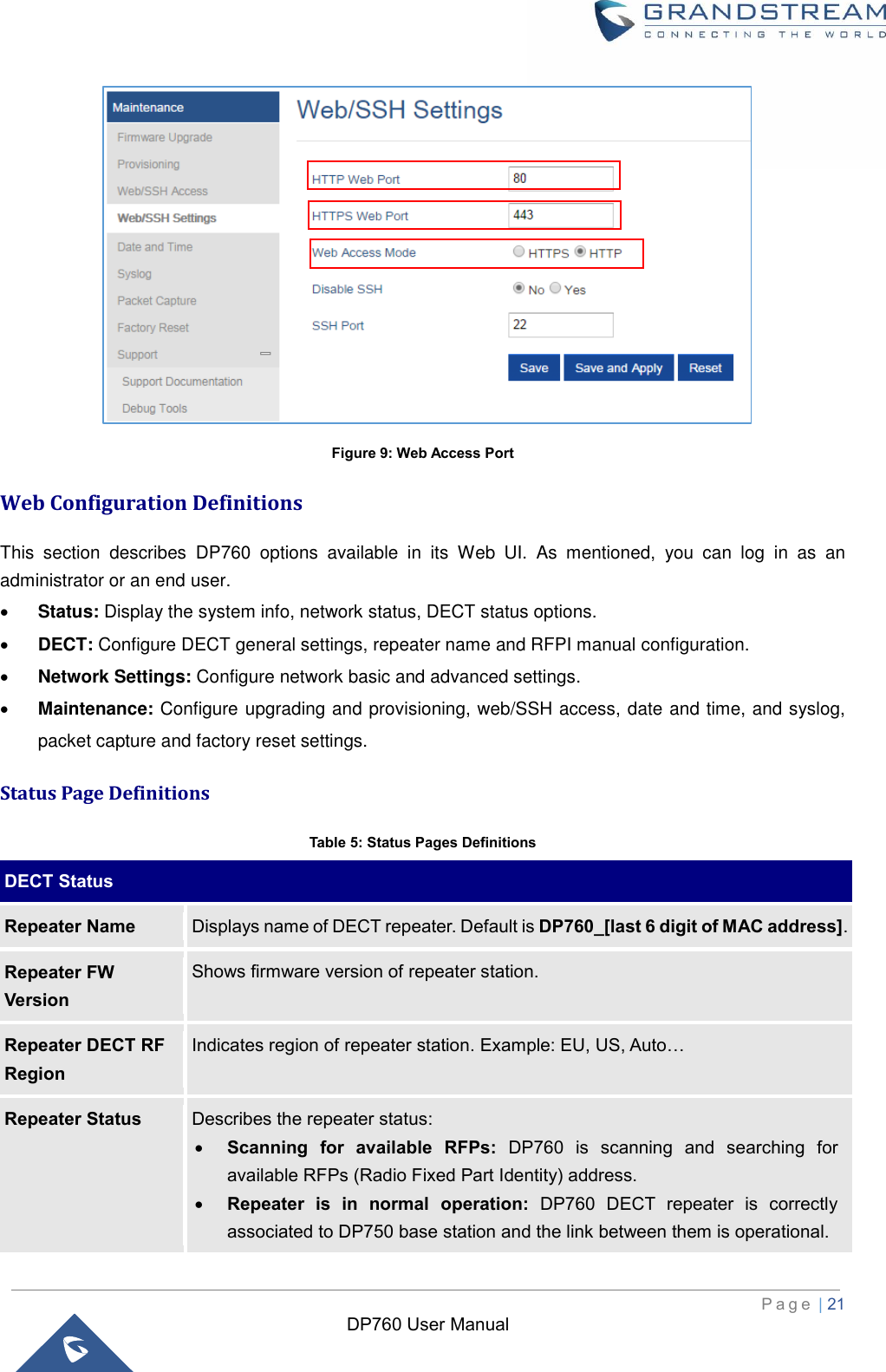  P a g e  | 21   DP760 User Manual   Figure 9: Web Access Port Web Configuration Definitions This  section  describes  DP760  options  available  in  its  Web  UI.  As  mentioned,  you  can  log  in  as  an administrator or an end user.  Status: Display the system info, network status, DECT status options.  DECT: Configure DECT general settings, repeater name and RFPI manual configuration.  Network Settings: Configure network basic and advanced settings.  Maintenance: Configure upgrading and provisioning, web/SSH access, date and time, and syslog, packet capture and factory reset settings. Status Page Definitions Table 5: Status Pages Definitions DECT Status Repeater Name Displays name of DECT repeater. Default is DP760_[last 6 digit of MAC address]. Repeater FW Version Shows firmware version of repeater station.   Repeater DECT RF Region Indicates region of repeater station. Example: EU, US, Auto… Repeater Status Describes the repeater status:  Scanning  for  available  RFPs:  DP760  is  scanning  and  searching  for available RFPs (Radio Fixed Part Identity) address.  Repeater  is  in  normal  operation:  DP760  DECT  repeater  is  correctly associated to DP750 base station and the link between them is operational.   