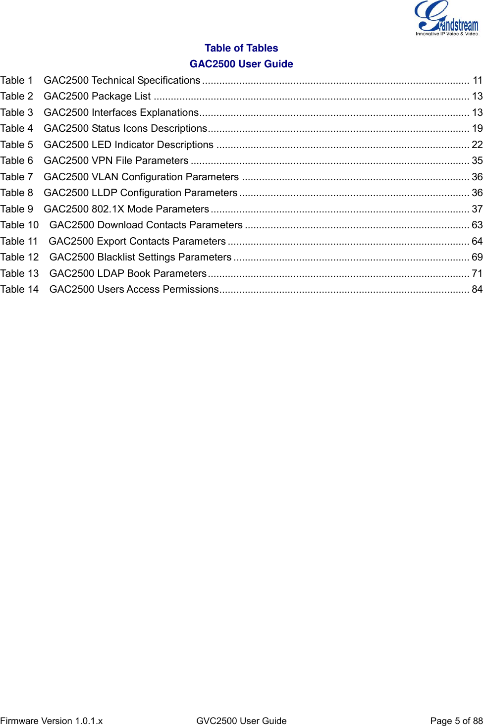  Firmware Version 1.0.1.x GVC2500 User Guide Page 5 of 88  Table of Tables GAC2500 User Guide Table 1    GAC2500 Technical Specifications .............................................................................................. 11 Table 2    GAC2500 Package List ............................................................................................................... 13 Table 3    GAC2500 Interfaces Explanations ............................................................................................... 13 Table 4    GAC2500 Status Icons Descriptions............................................................................................ 19 Table 5    GAC2500 LED Indicator Descriptions ......................................................................................... 22 Table 6    GAC2500 VPN File Parameters .................................................................................................. 35 Table 7    GAC2500 VLAN Configuration Parameters ................................................................................ 36 Table 8    GAC2500 LLDP Configuration Parameters ................................................................................. 36 Table 9    GAC2500 802.1X Mode Parameters ........................................................................................... 37 Table 10    GAC2500 Download Contacts Parameters ............................................................................... 63 Table 11    GAC2500 Export Contacts Parameters ..................................................................................... 64 Table 12    GAC2500 Blacklist Settings Parameters ................................................................................... 69 Table 13    GAC2500 LDAP Book Parameters ............................................................................................ 71 Table 14    GAC2500 Users Access Permissions........................................................................................ 84  