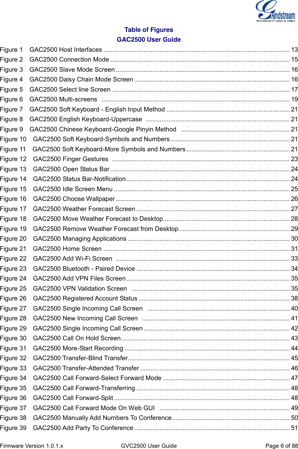  Firmware Version 1.0.1.x GVC2500 User Guide Page 6 of 88  Table of Figures GAC2500 User Guide Figure 1    GAC2500 Host Interfaces .......................................................................................................... 13 Figure 2    GAC2500 Connection Mode ...................................................................................................... 15 Figure 3    GAC2500 Slave Mode Screen ................................................................................................... 16 Figure 4    GAC2500 Daisy Chain Mode Screen ........................................................................................ 16 Figure 5    GAC2500 Select line Screen ..................................................................................................... 17 Figure 6    GAC2500 Multi-screens   ........................................................................................................... 19 Figure 7    GAC2500 Soft Keyboard - English Input Method ...................................................................... 21 Figure 8    GAC2500 English Keyboard-Uppercase   .................................................................................. 21 Figure 9    GAC2500 Chinese Keyboard-Google Pinyin Method   .............................................................. 21 Figure 10    GAC2500 Soft Keyboard-Symbols and Numbers .................................................................... 21 Figure 11    GAC2500 Soft Keyboard-More Symbols and Numbers ........................................................... 21 Figure 12    GAC2500 Finger Gestures  ..................................................................................................... 23 Figure 13    GAC2500 Open Status Bar ...................................................................................................... 24 Figure 14    GAC2500 Status Bar-Notification ............................................................................................. 24 Figure 15    GAC2500 Idle Screen Menu .................................................................................................... 25 Figure 16    GAC2500 Choose Wallpaper ................................................................................................... 26 Figure 17    GAC2500 Weather Forecast Screen ....................................................................................... 27 Figure 18    GAC2500 Move Weather Forecast to Desktop ........................................................................ 28 Figure 19    GAC2500 Remove Weather Forecast from Desktop ............................................................... 29 Figure 20    GAC2500 Managing Applications ............................................................................................ 30 Figure 21    GAC2500 Home Screen .......................................................................................................... 31 Figure 22    GAC2500 Add Wi-Fi Screen   ................................................................................................... 33 Figure 23    GAC2500 Bluetooth - Paired Device ....................................................................................... 34 Figure 24    GAC2500 Add VPN Files Screen ............................................................................................. 35 Figure 25    GAC2500 VPN Validation Screen   .......................................................................................... 35 Figure 26    GAC2500 Registered Account Status ...................................................................................... 38 Figure 27    GAC2500 Single Incoming Call Screen   ................................................................................. 40 Figure 28    GAC2500 New Incoming Call Screen   .................................................................................... 41 Figure 29    GAC2500 Single Incoming Call Screen ................................................................................... 42 Figure 30    GAC2500 Call On Hold Screen ................................................................................................ 43 Figure 31    GAC2500 More-Start Recording .............................................................................................. 44 Figure 32    GAC2500 Transfer-Blind Transfer ............................................................................................ 45 Figure 33    GAC2500 Transfer-Attended Transfer ..................................................................................... 46 Figure 34    GAC2500 Call Forward-Select Forward Mode ........................................................................ 47 Figure 35    GAC2500 Call Forward-Transferring ....................................................................................... 48 Figure 36    GAC2500 Call Forward-Split .................................................................................................... 48 Figure 37    GAC2500 Call Forward Mode On Web GUI   .......................................................................... 49 Figure 38    GAC2500 Manually Add Numbers To Conference ................................................................... 50 Figure 39    GAC2500 Add Party To Conference ........................................................................................ 51 