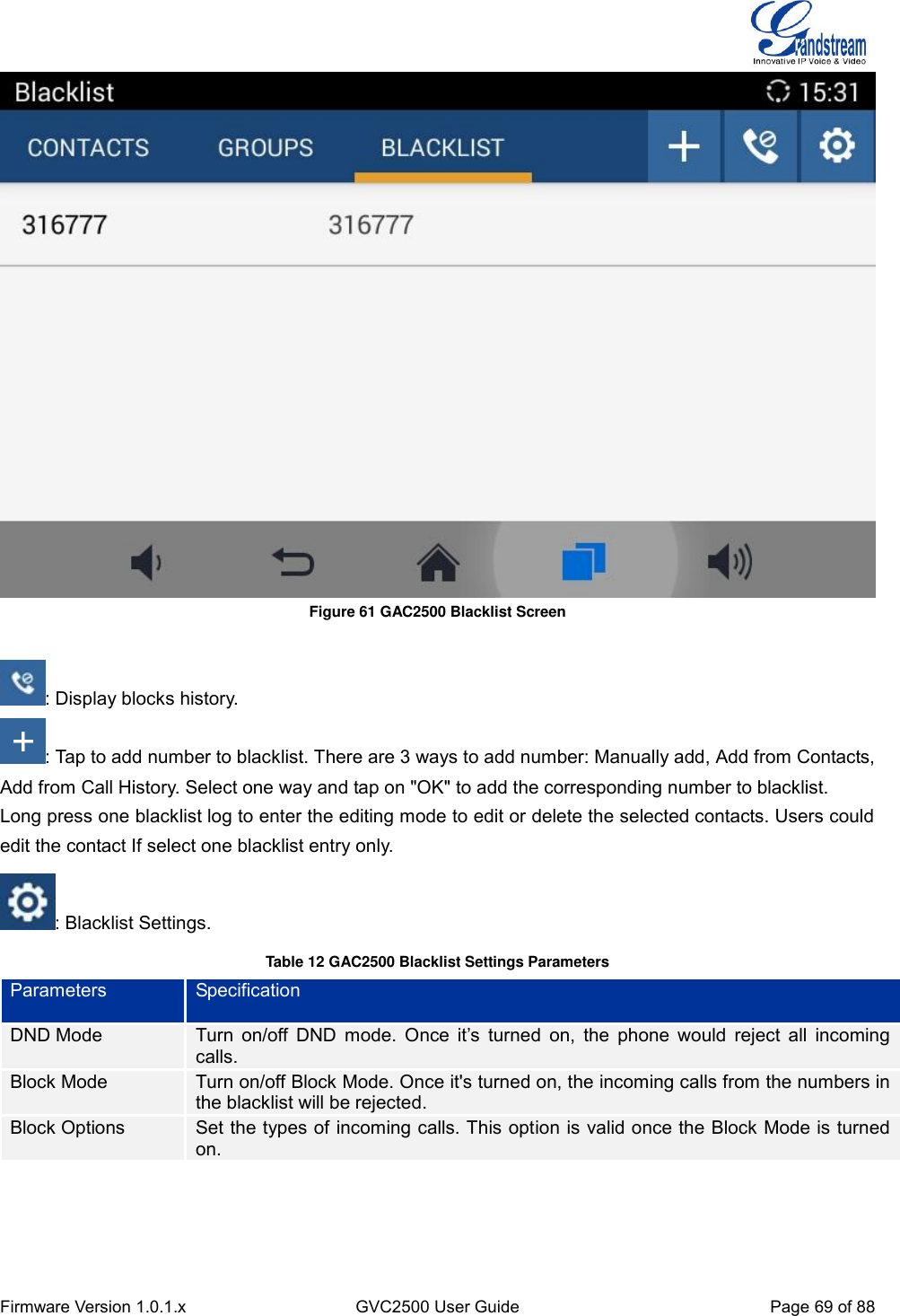  Firmware Version 1.0.1.x GVC2500 User Guide Page 69 of 88   Figure 61 GAC2500 Blacklist Screen  : Display blocks history.   : Tap to add number to blacklist. There are 3 ways to add number: Manually add, Add from Contacts, Add from Call History. Select one way and tap on &quot;OK&quot; to add the corresponding number to blacklist.   Long press one blacklist log to enter the editing mode to edit or delete the selected contacts. Users could edit the contact If select one blacklist entry only.   : Blacklist Settings. Table 12 GAC2500 Blacklist Settings Parameters Parameters Specification DND Mode Turn on/off DND  mode.  Once  it’s  turned  on,  the  phone  would  reject  all  incoming calls. Block Mode Turn on/off Block Mode. Once it&apos;s turned on, the incoming calls from the numbers in the blacklist will be rejected.   Block Options Set the types of incoming calls. This option is valid once the Block Mode is turned on.   