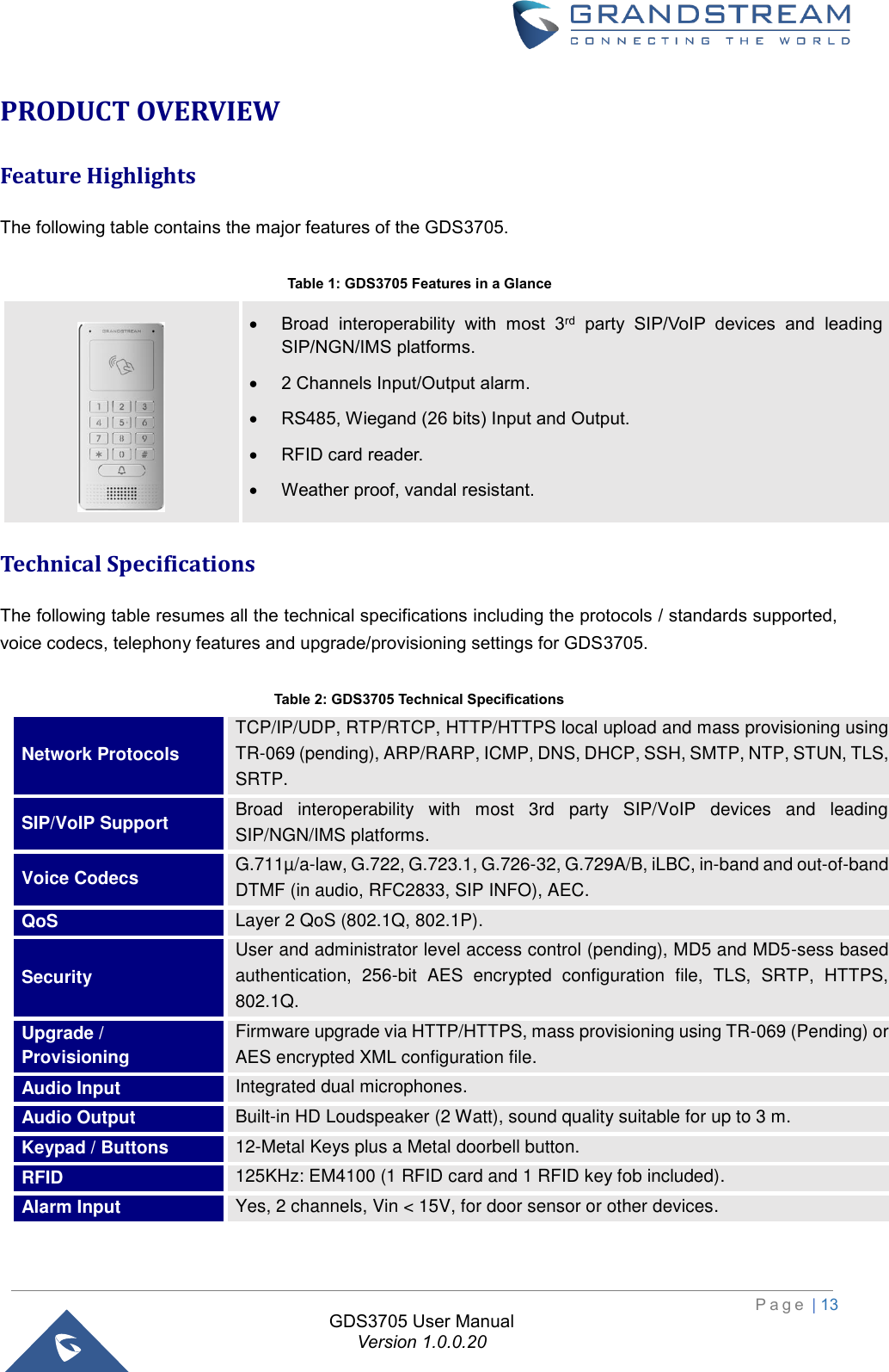                                                                         P a g e  | 13  GDS3705 User Manual Version 1.0.0.20 PRODUCT OVERVIEW  Feature Highlights The following table contains the major features of the GDS3705.  Table 1: GDS3705 Features in a Glance  • Broad  interoperability  with  most  3rd  party  SIP/VoIP  devices  and  leading SIP/NGN/IMS platforms. • 2 Channels Input/Output alarm. • RS485, Wiegand (26 bits) Input and Output. • RFID card reader. • Weather proof, vandal resistant. Technical Specifications The following table resumes all the technical specifications including the protocols / standards supported, voice codecs, telephony features and upgrade/provisioning settings for GDS3705.  Table 2: GDS3705 Technical Specifications Network Protocols  TCP/IP/UDP, RTP/RTCP, HTTP/HTTPS local upload and mass provisioning using TR-069 (pending), ARP/RARP, ICMP, DNS, DHCP, SSH, SMTP, NTP, STUN, TLS, SRTP. SIP/VoIP Support Broad  interoperability  with  most  3rd  party  SIP/VoIP  devices  and  leading SIP/NGN/IMS platforms. Voice Codecs G.711µ/a-law, G.722, G.723.1, G.726-32, G.729A/B, iLBC, in-band and out-of-band DTMF (in audio, RFC2833, SIP INFO), AEC. QoS Layer 2 QoS (802.1Q, 802.1P). Security User and administrator level access control (pending), MD5 and MD5-sess based authentication,  256-bit  AES  encrypted  configuration  file,  TLS,  SRTP,  HTTPS, 802.1Q. Upgrade / Provisioning Firmware upgrade via HTTP/HTTPS, mass provisioning using TR-069 (Pending) or AES encrypted XML configuration file. Audio Input  Integrated dual microphones. Audio Output  Built-in HD Loudspeaker (2 Watt), sound quality suitable for up to 3 m. Keypad / Buttons 12-Metal Keys plus a Metal doorbell button. RFID 125KHz: EM4100 (1 RFID card and 1 RFID key fob included). Alarm Input Yes, 2 channels, Vin &lt; 15V, for door sensor or other devices. 